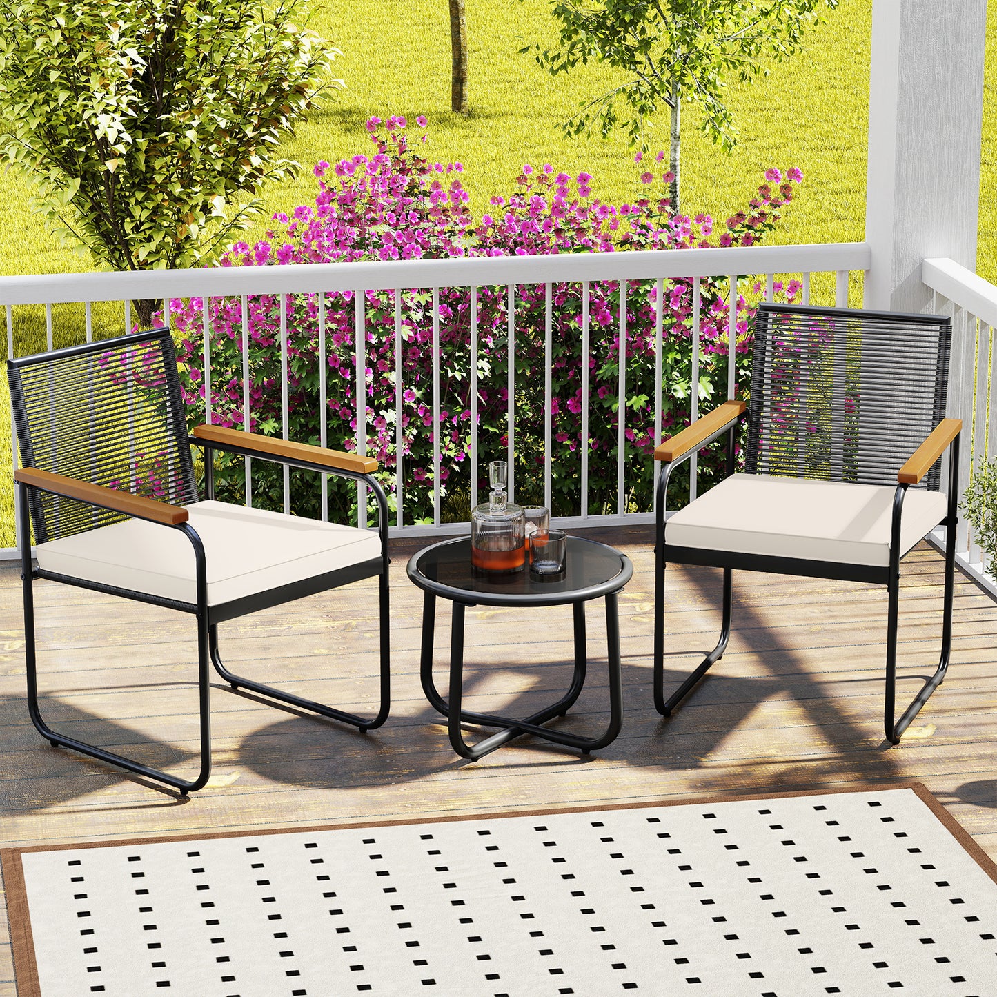 3-Piece Patio Conversation Set with Tempered Glass Table