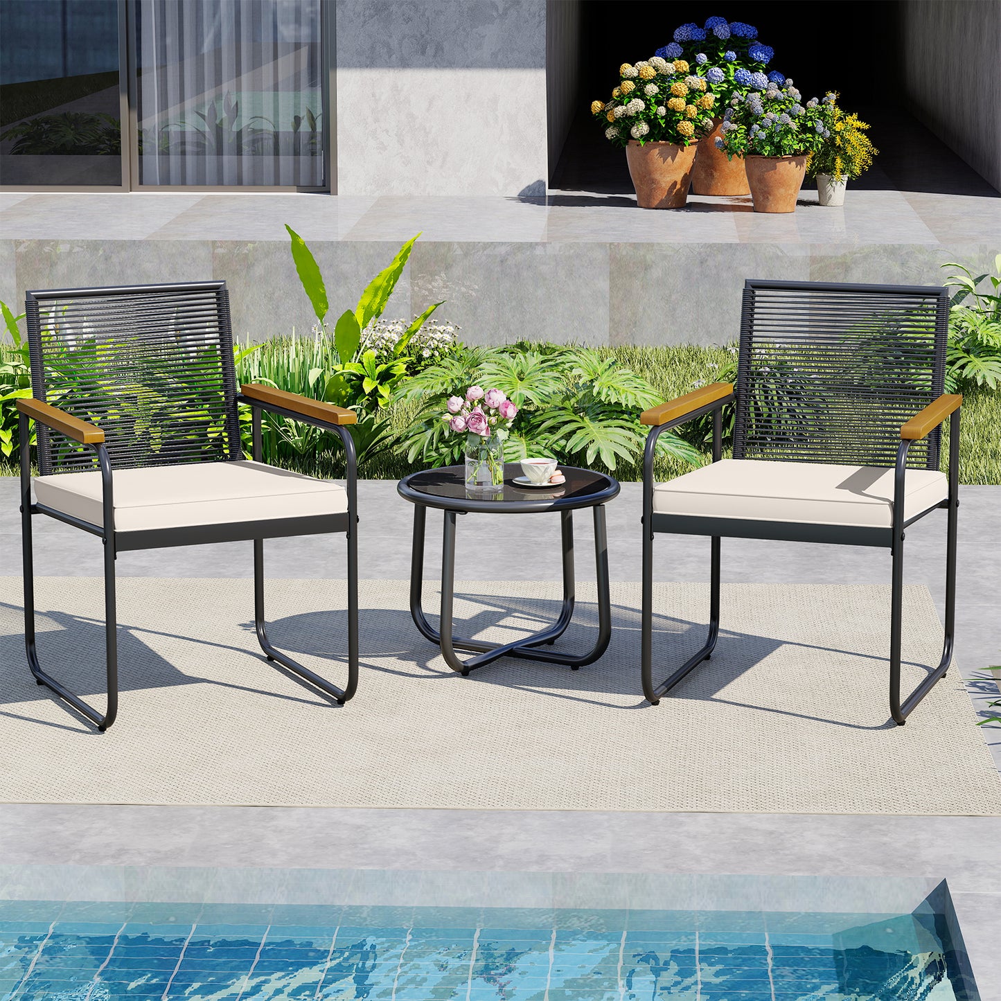 3-Piece Patio Conversation Set with Tempered Glass Table