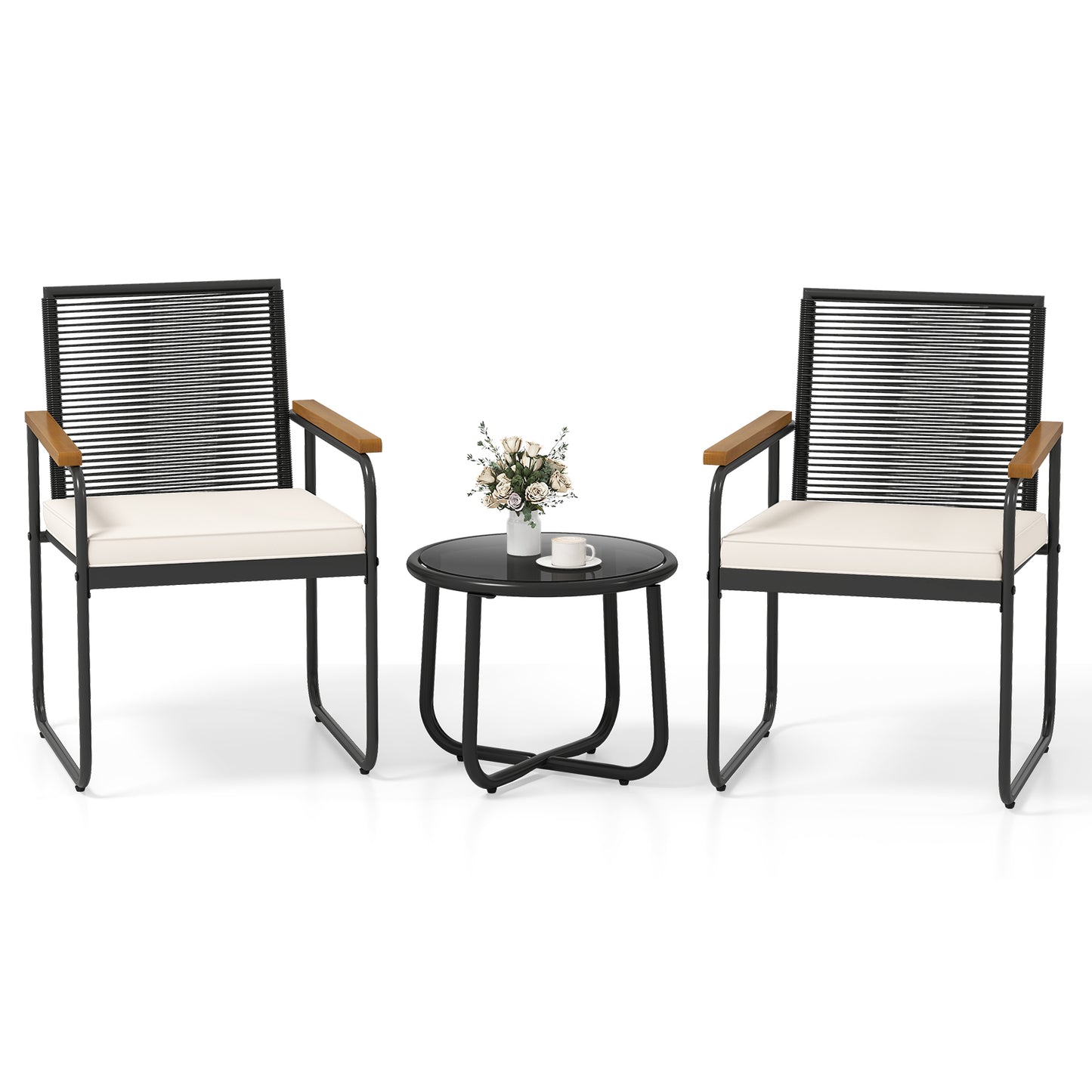 3-Piece Patio Conversation Set with Tempered Glass Table