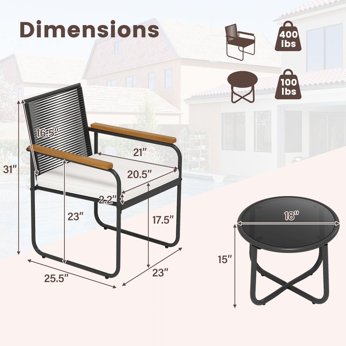 3-Piece Patio Conversation Set with Tempered Glass Table