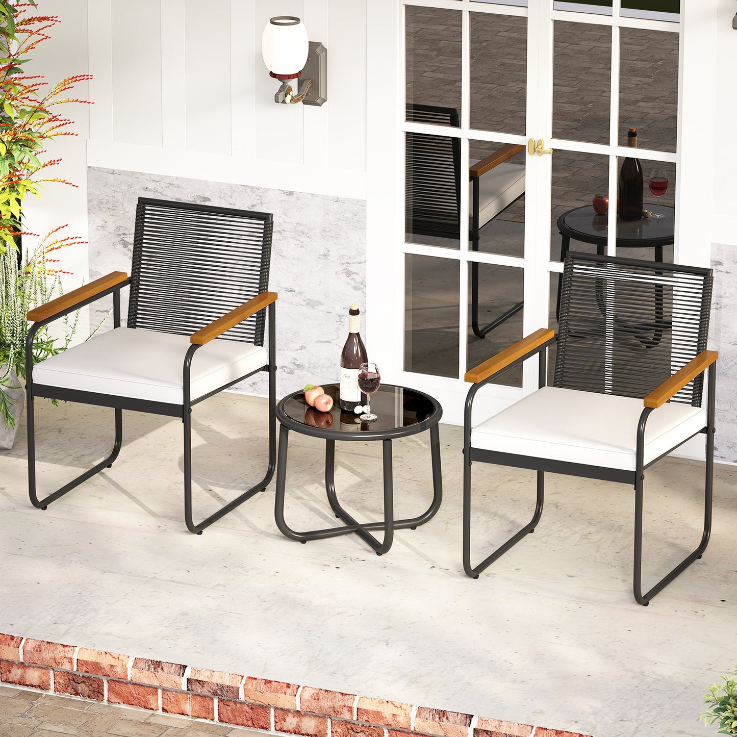 3-Piece Patio Conversation Set with Tempered Glass Table