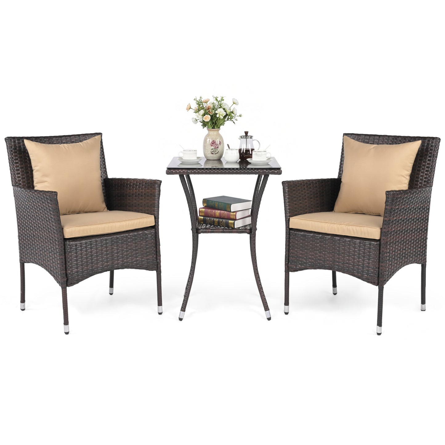 3-Piece Patio Conversation Set with Cushioned Chairs & Glass Table