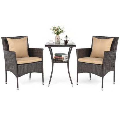 3-Piece Patio Conversation Set with Cushioned Chairs & Glass Table