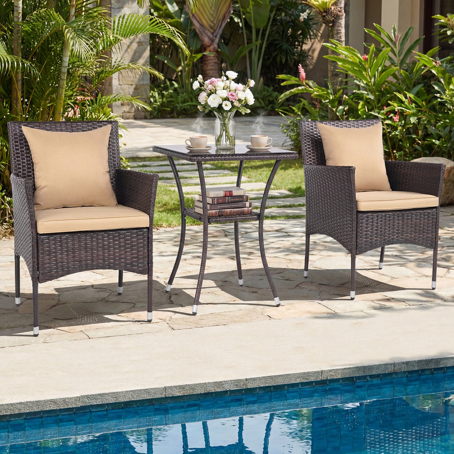 3-Piece Patio Conversation Set with Cushioned Chairs & Glass Table