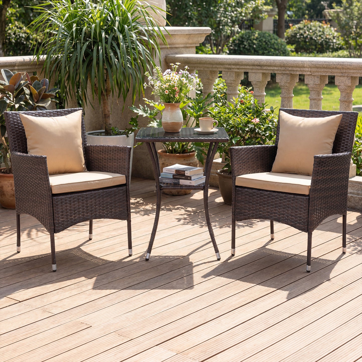 3-Piece Patio Conversation Set with Cushioned Chairs & Glass Table