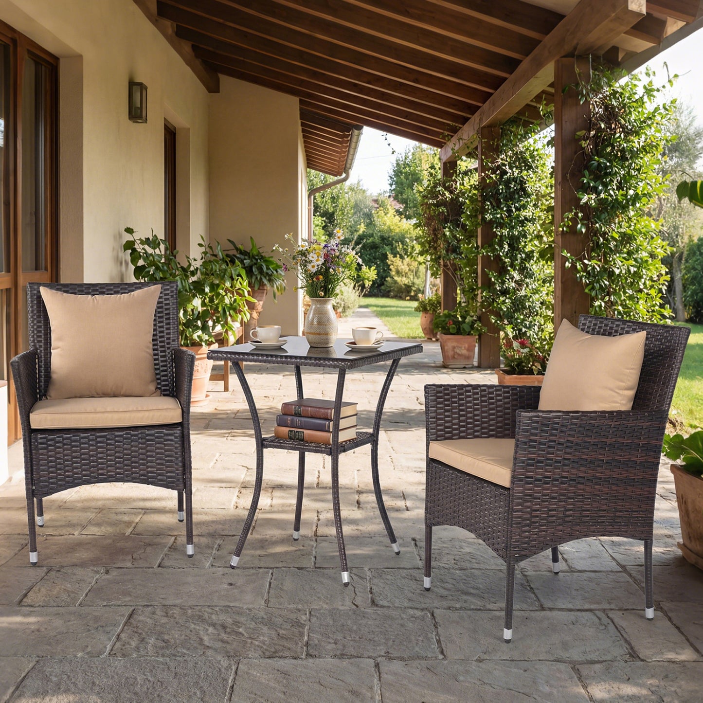 3-Piece Patio Conversation Set with Cushioned Chairs & Glass Table