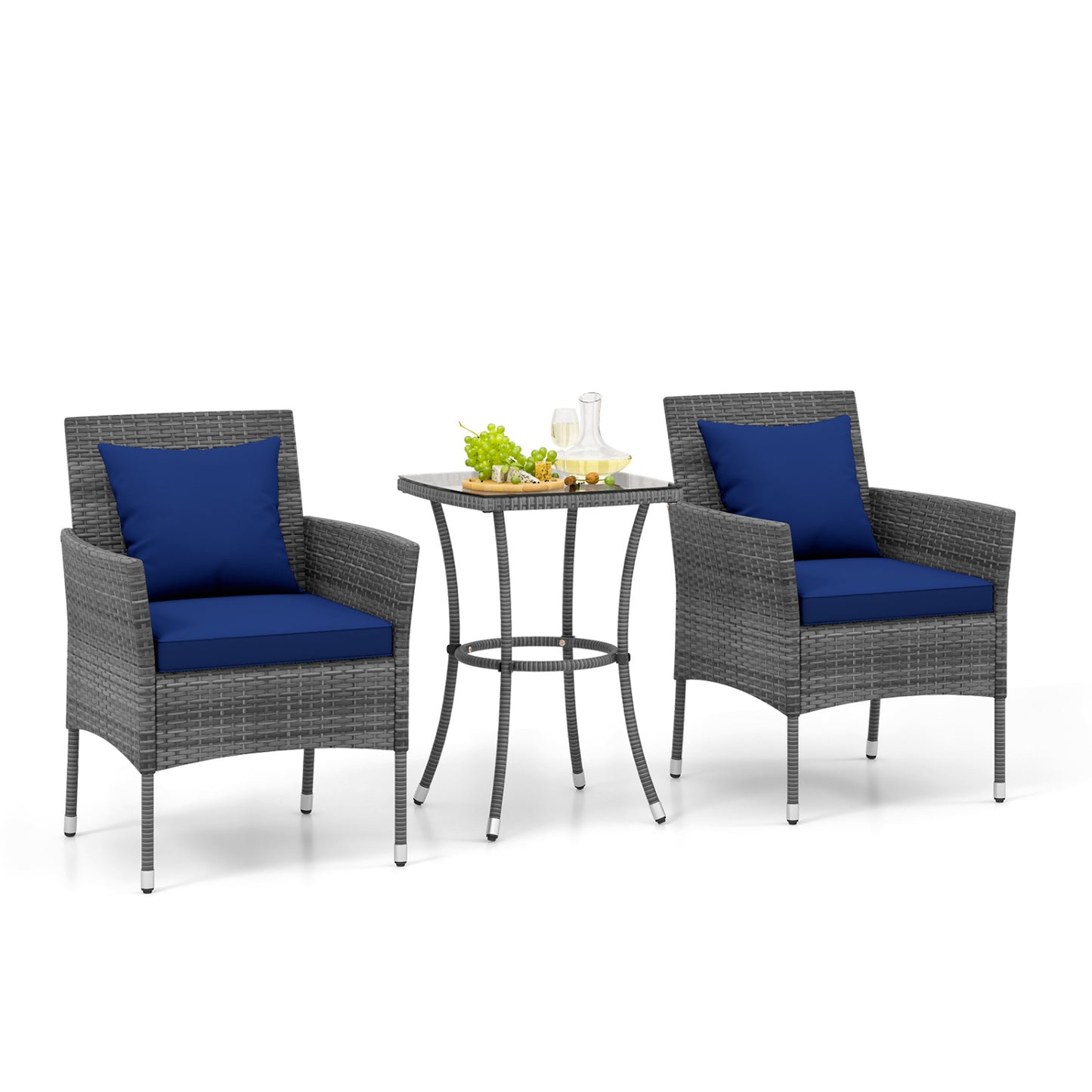 3-Piece Patio Conversation Set with Cushioned Chairs & Glass Table