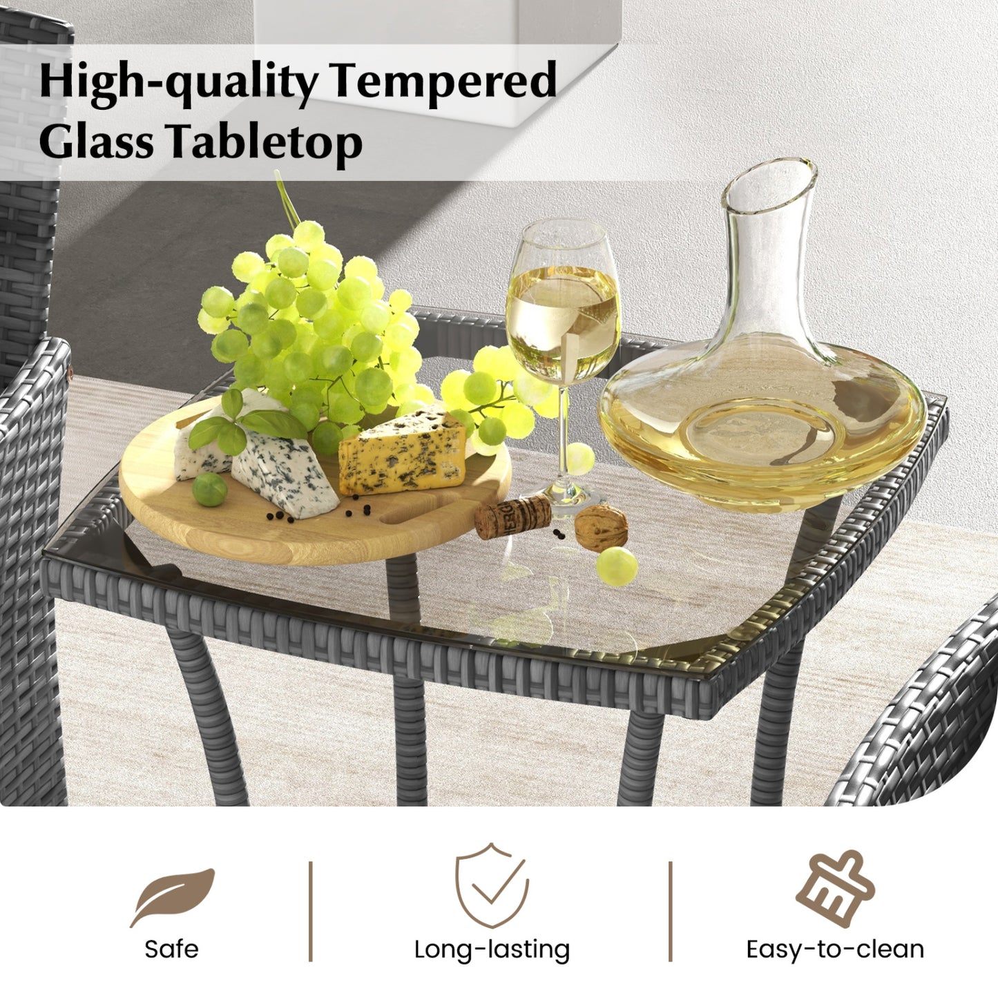 3-Piece Patio Conversation Set with Cushioned Chairs & Glass Table