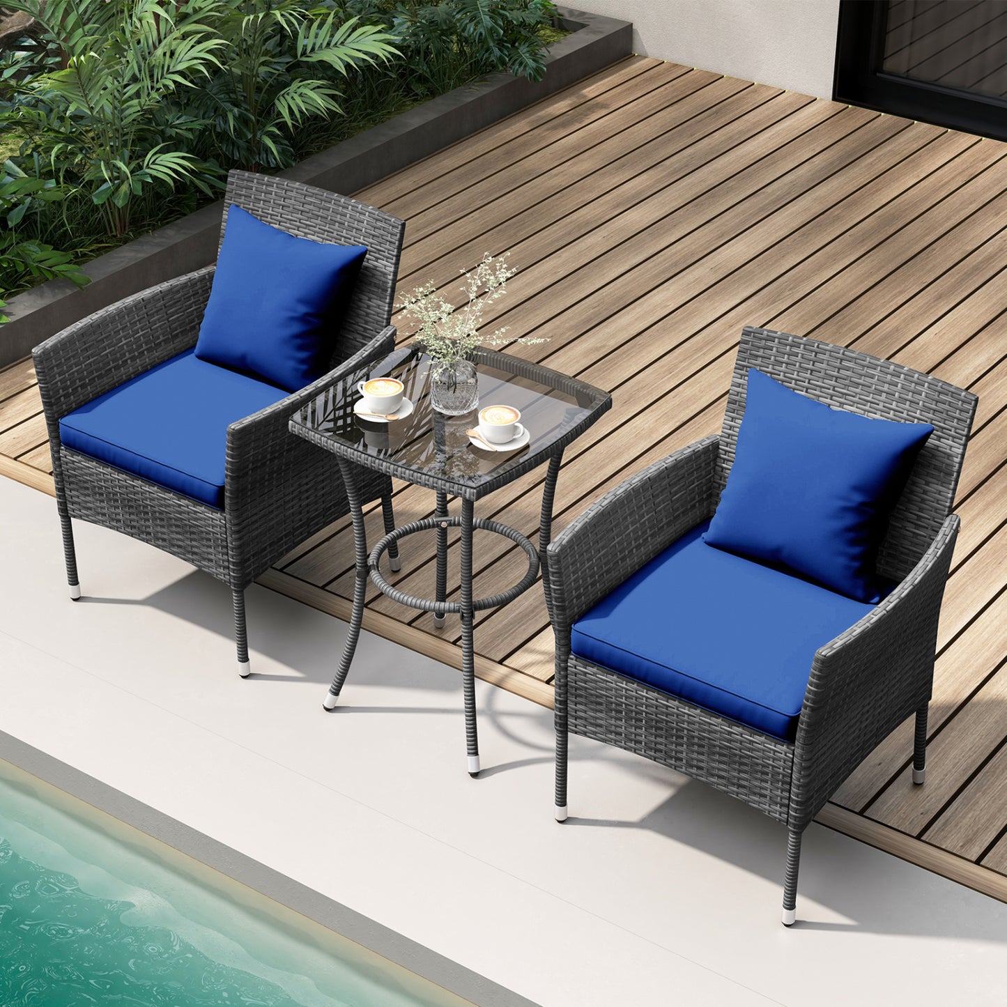 3-Piece Patio Conversation Set with Cushioned Chairs & Glass Table