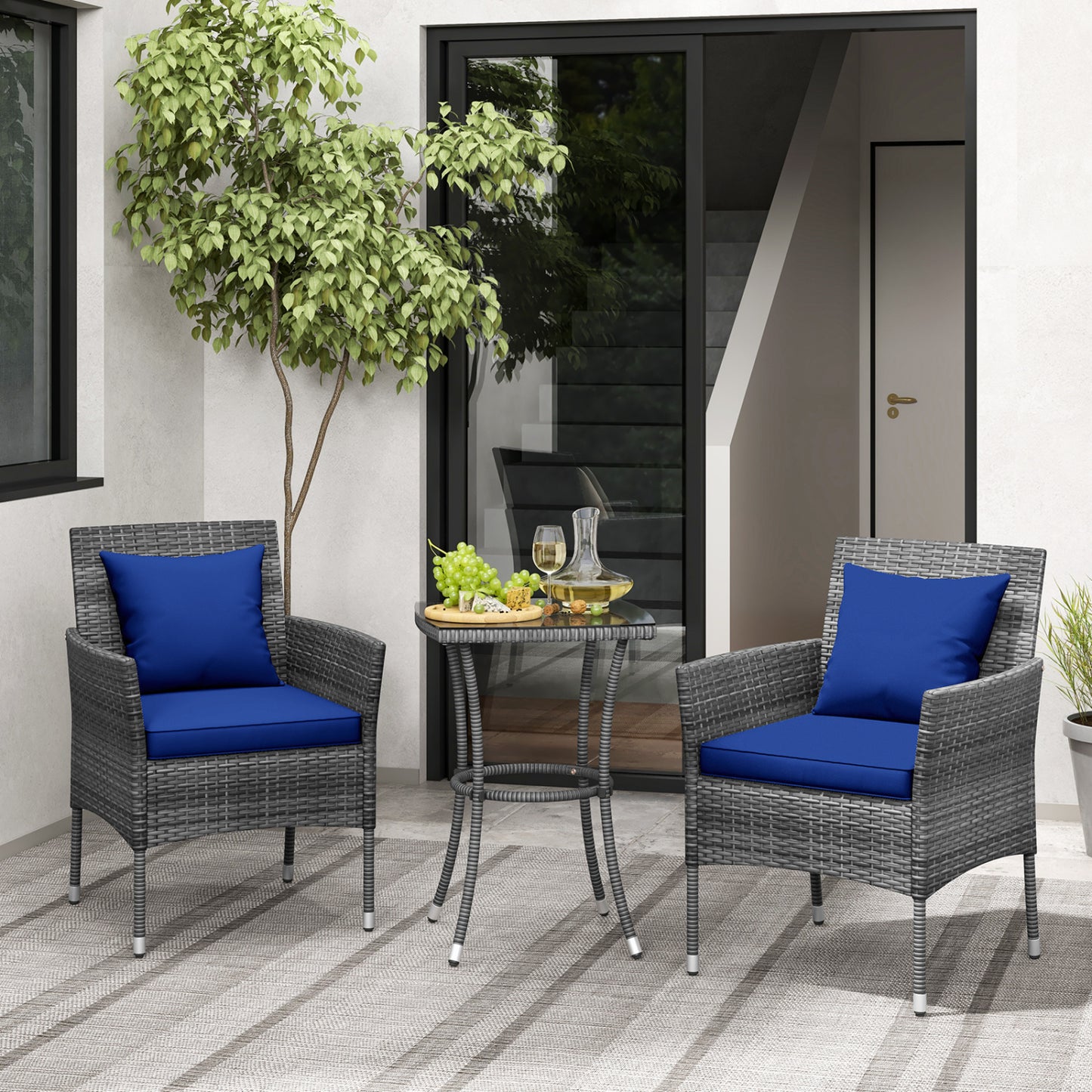 3-Piece Patio Conversation Set with Cushioned Chairs & Glass Table