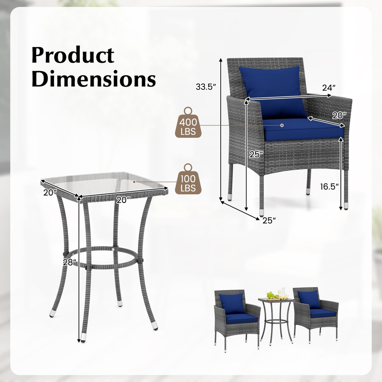 3-Piece Patio Conversation Set with Cushioned Chairs & Glass Table