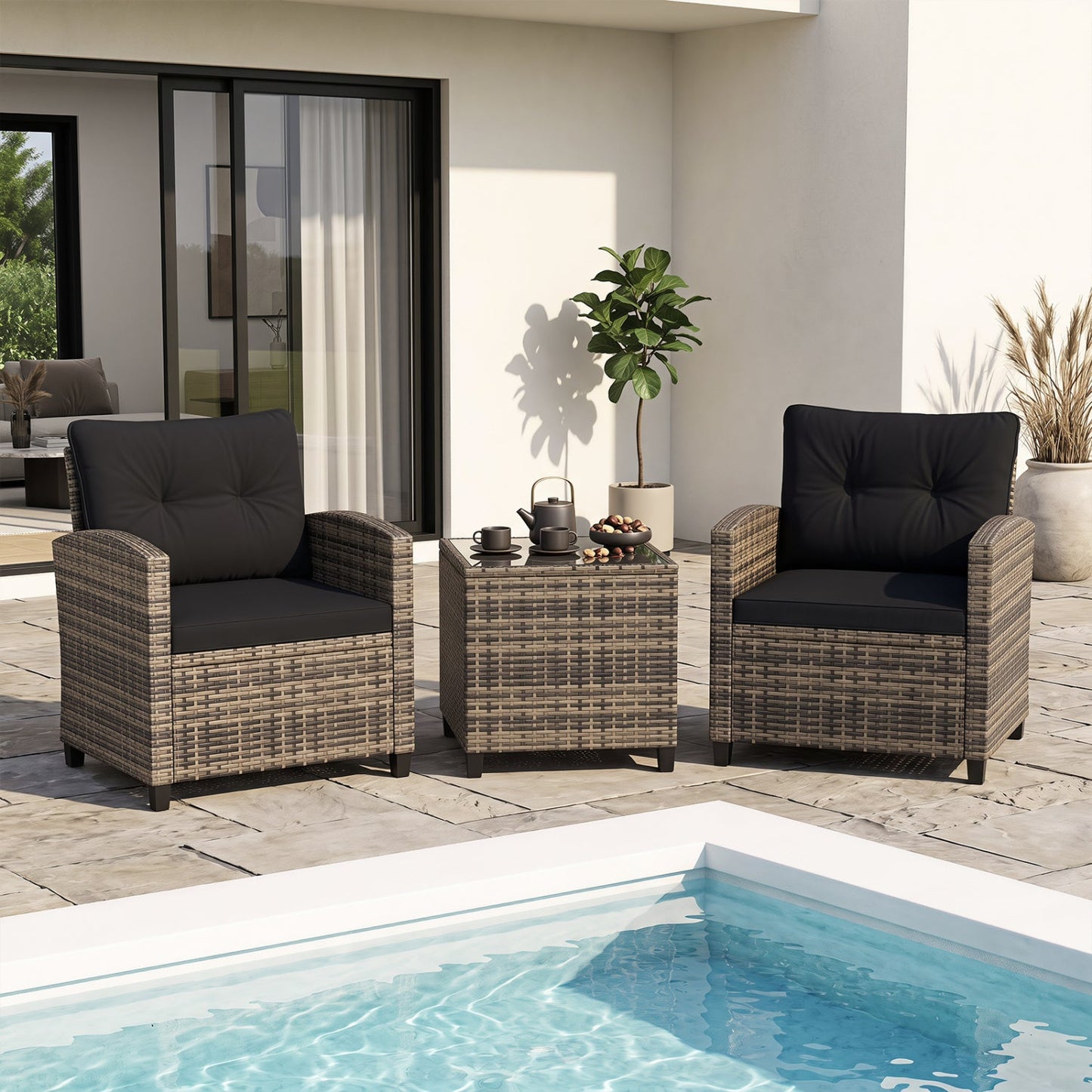 3-Piece Patio Conversation Set with Tempered Glass Table