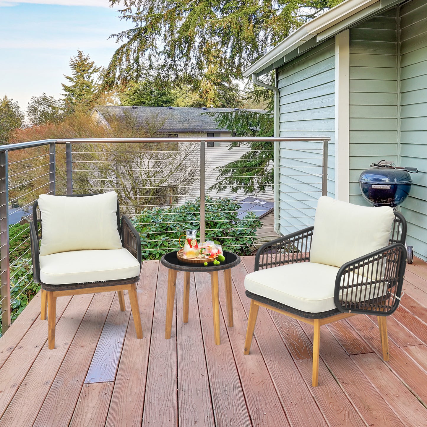 Patio Conversation Set 3-Piece with Cushioned Chairs & Glass Table