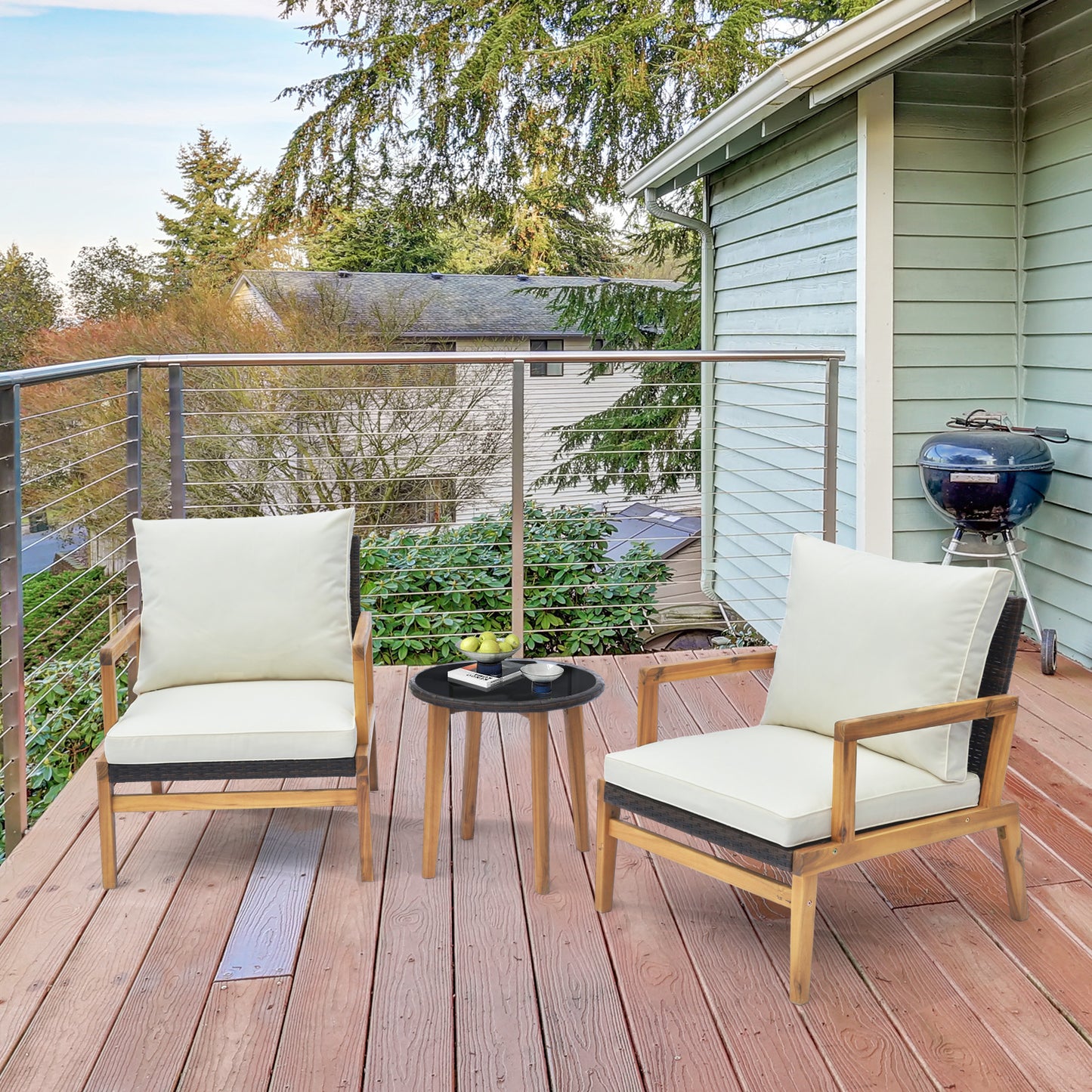 Patio Conversation Set 3-Piece with Cushioned Chairs & Glass Table
