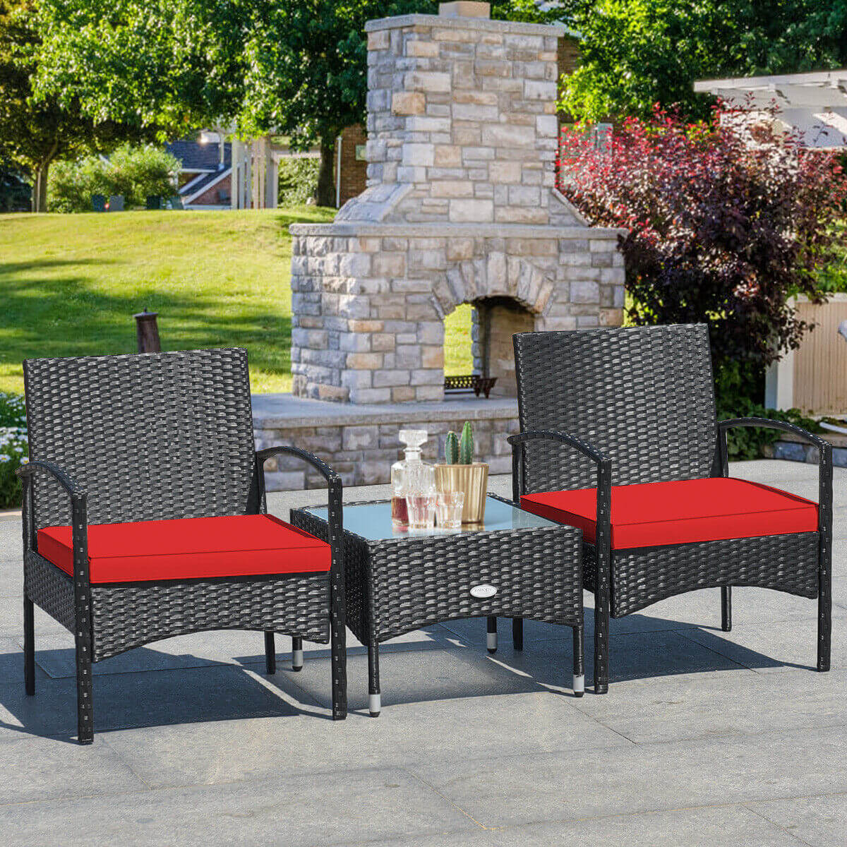 3 Pieces Patio Wicker Rattan Furniture Set with Cushion for Lawn Backyard