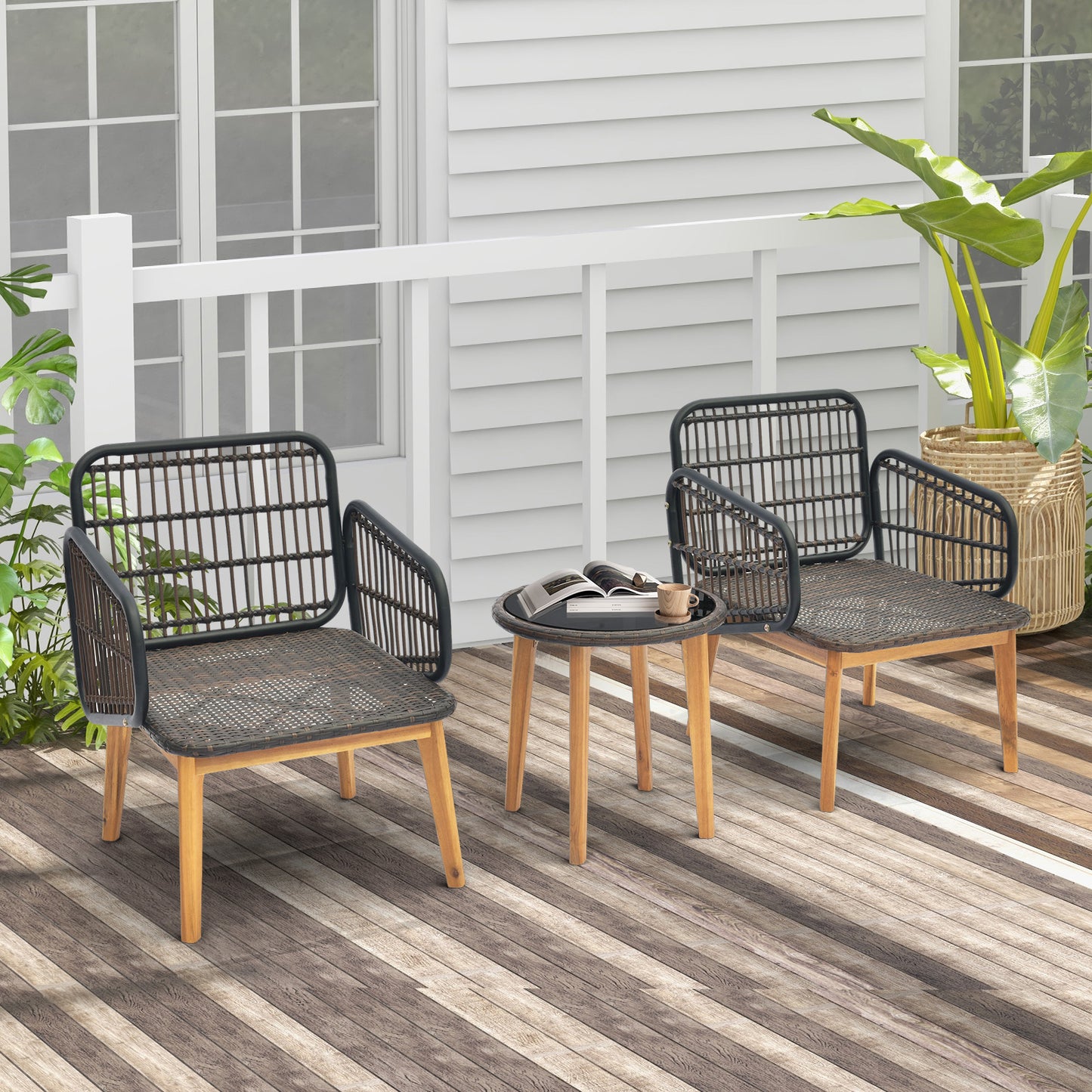 Patio Conversation Set 3-Piece with Cushioned Chairs & Glass Table