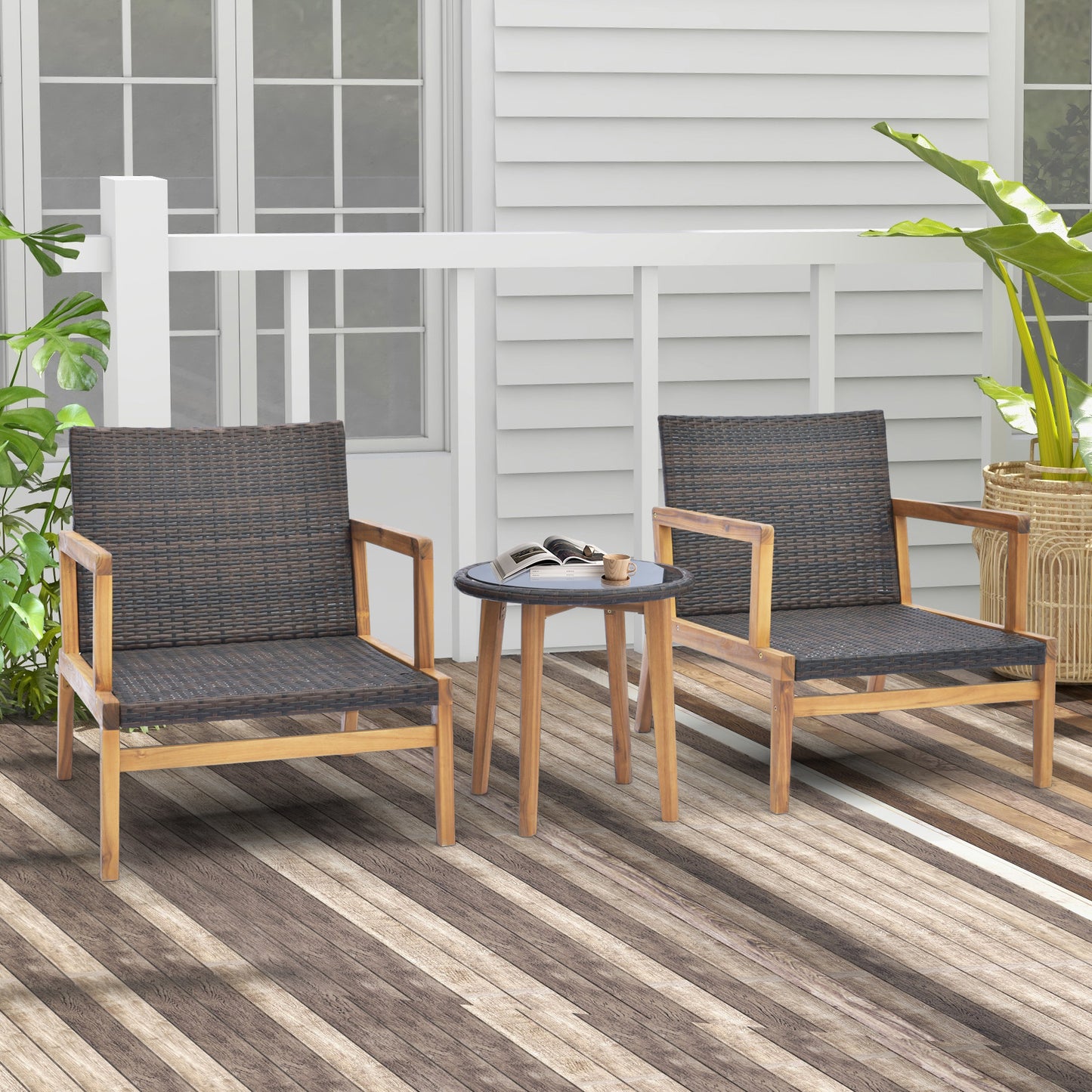 Patio Conversation Set 3-Piece with Cushioned Chairs & Glass Table