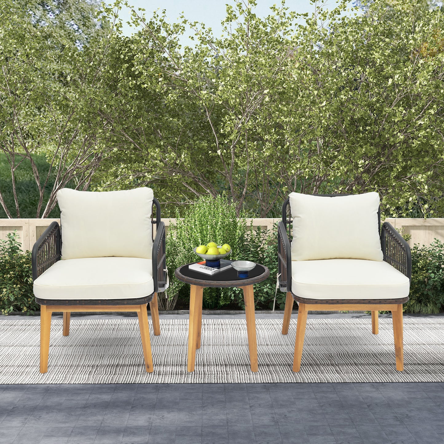 Patio Conversation Set 3-Piece with Cushioned Chairs & Glass Table