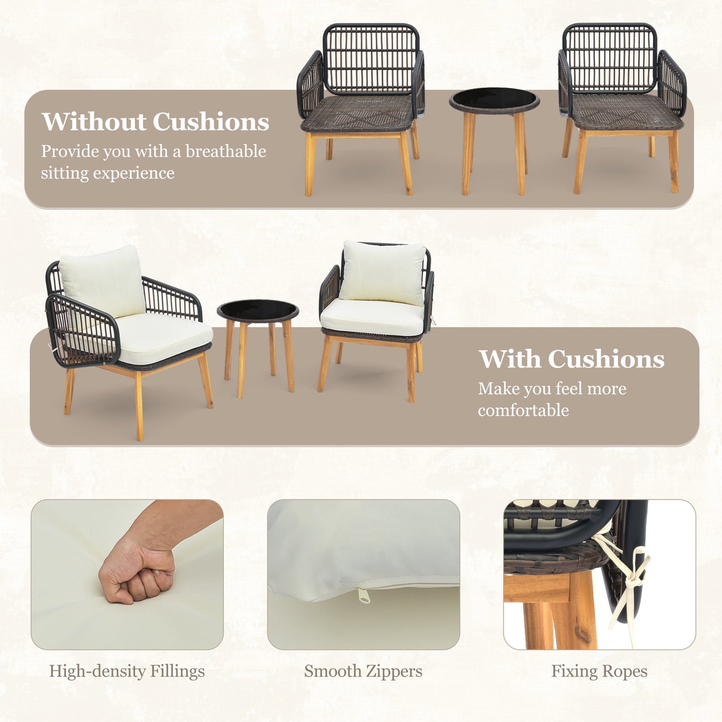 Patio Conversation Set 3-Piece with Cushioned Chairs & Glass Table