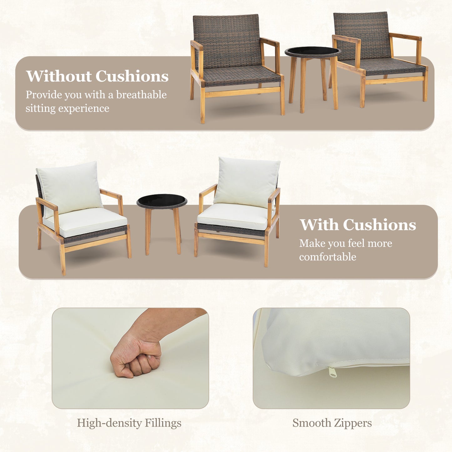 Patio Conversation Set 3-Piece with Cushioned Chairs & Glass Table
