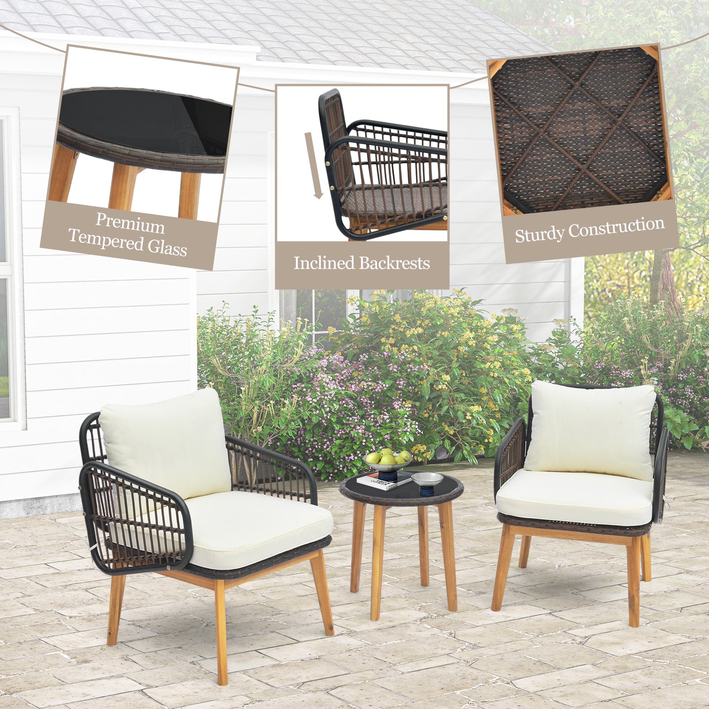 Patio Conversation Set 3-Piece with Cushioned Chairs & Glass Table