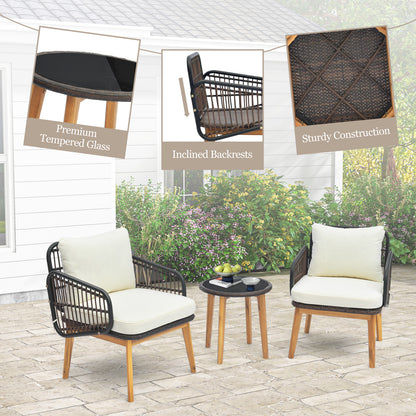Patio Conversation Set 3-Piece with Cushioned Chairs & Glass Table
