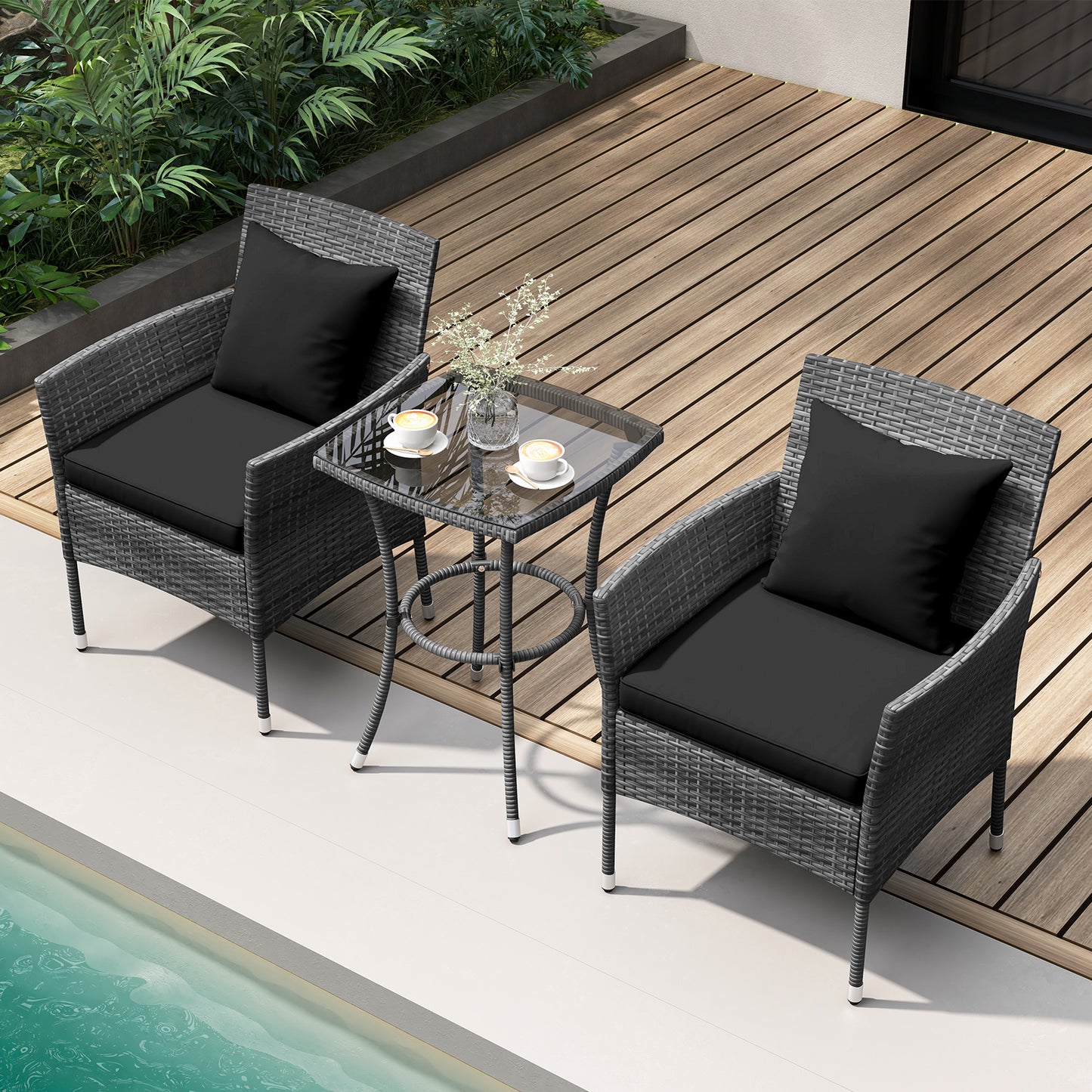 3-Piece Patio Conversation Set with Cushioned Chairs & Glass Table