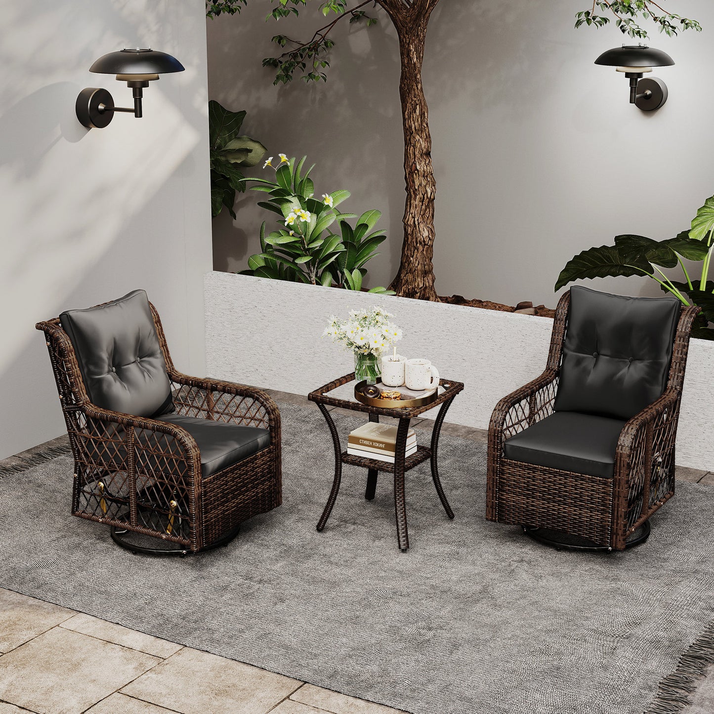 3-Piece Patio Conversation Set with Swivel Glider Chairs