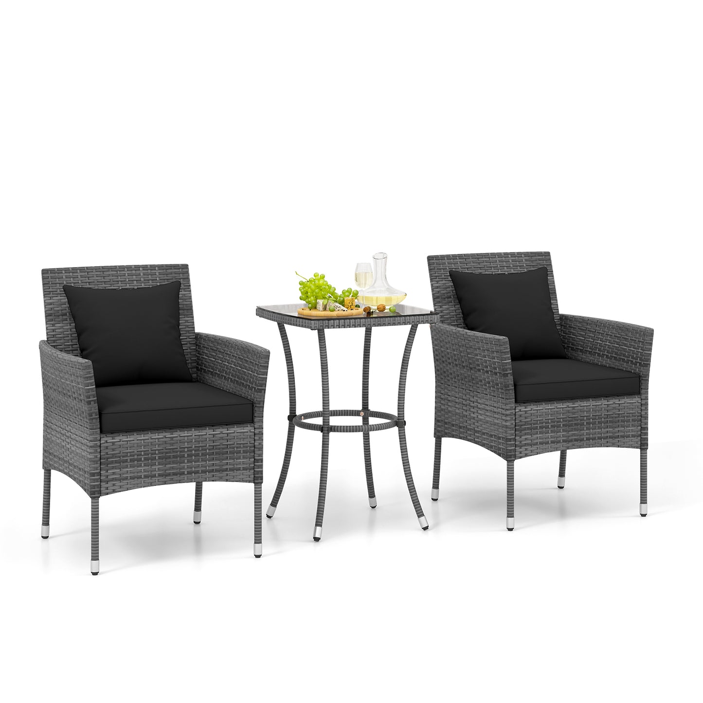 3-Piece Patio Conversation Set with Cushioned Chairs & Glass Table