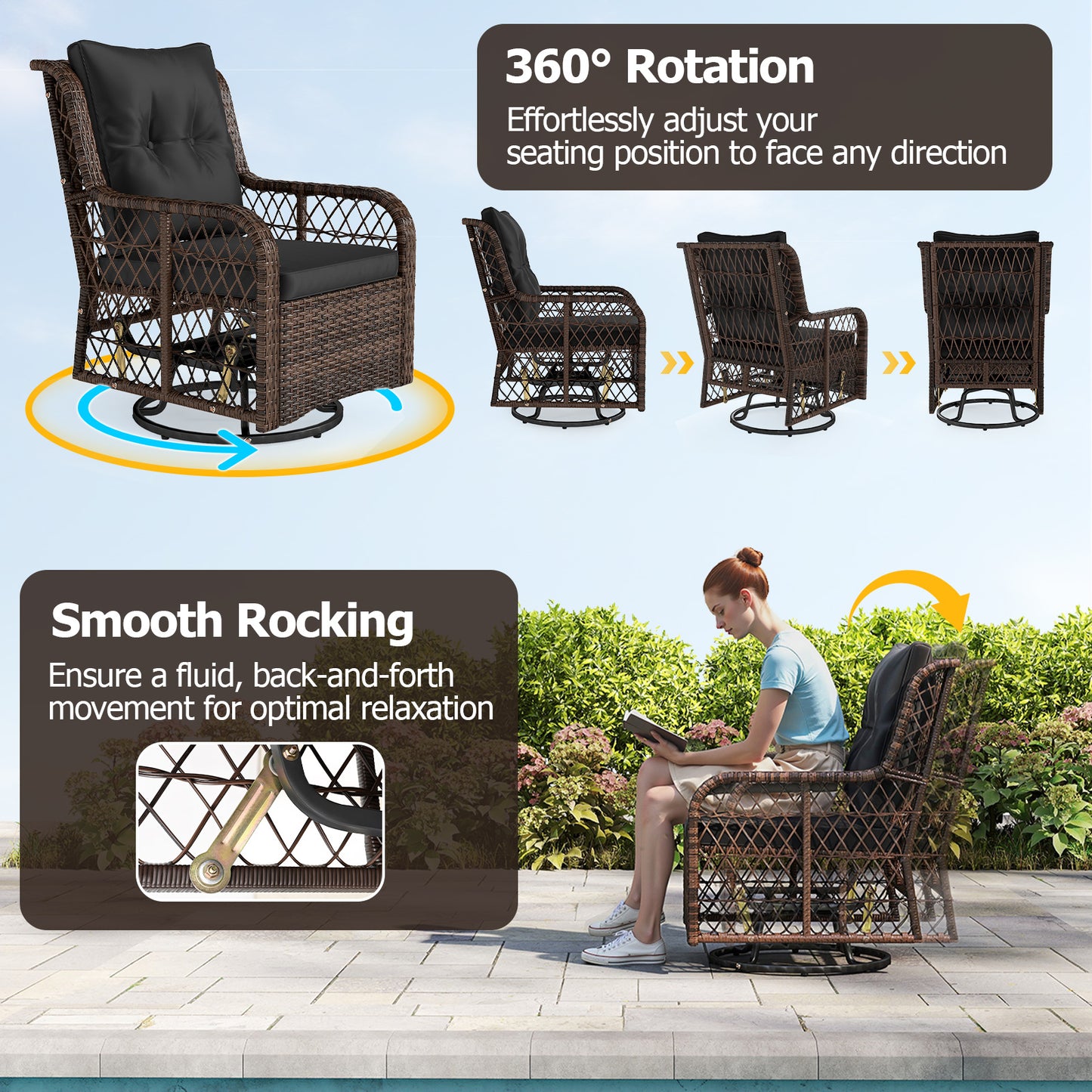 3-Piece Patio Conversation Set with Swivel Glider Chairs