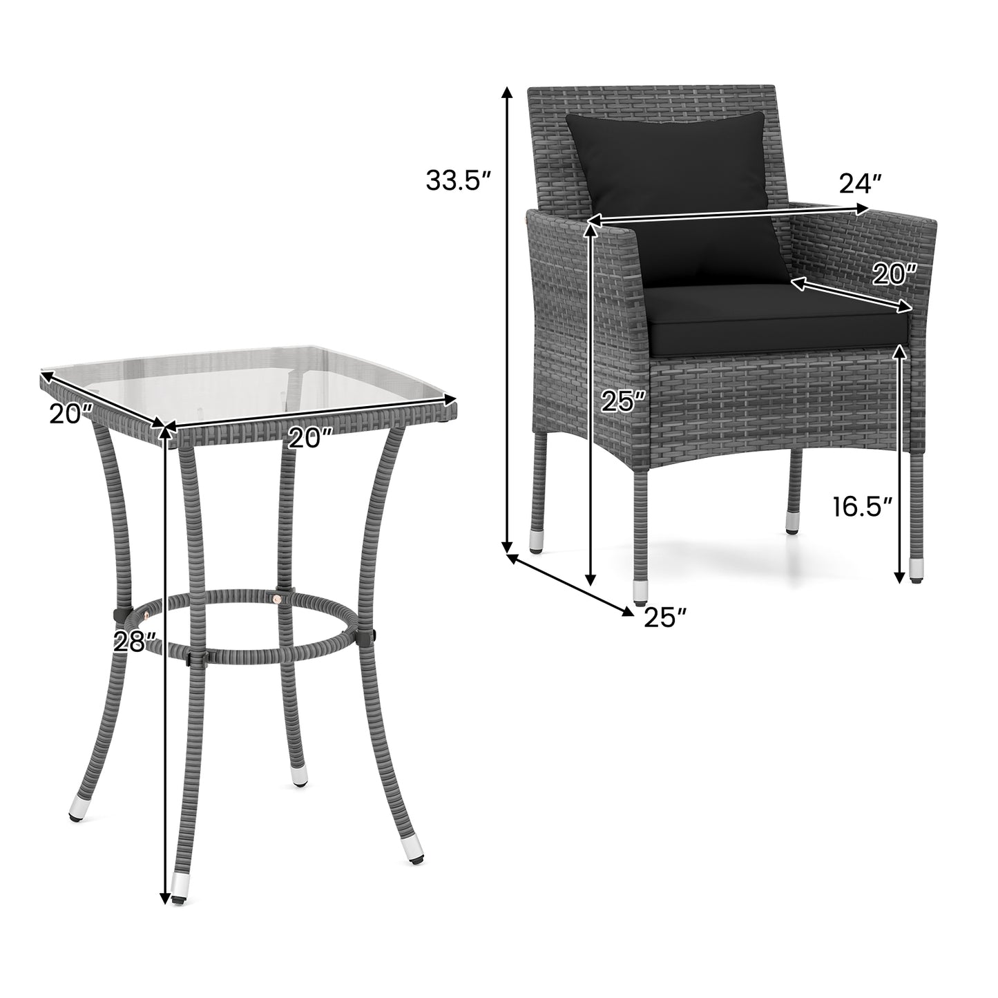3-Piece Patio Conversation Set with Cushioned Chairs & Glass Table