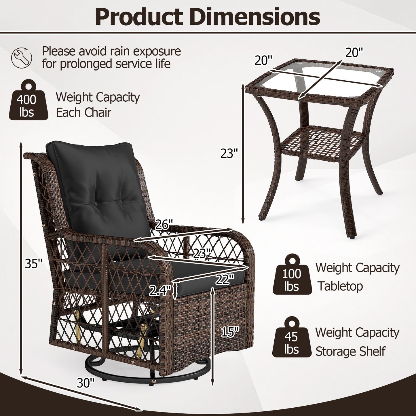 3-Piece Patio Conversation Set with Swivel Glider Chairs