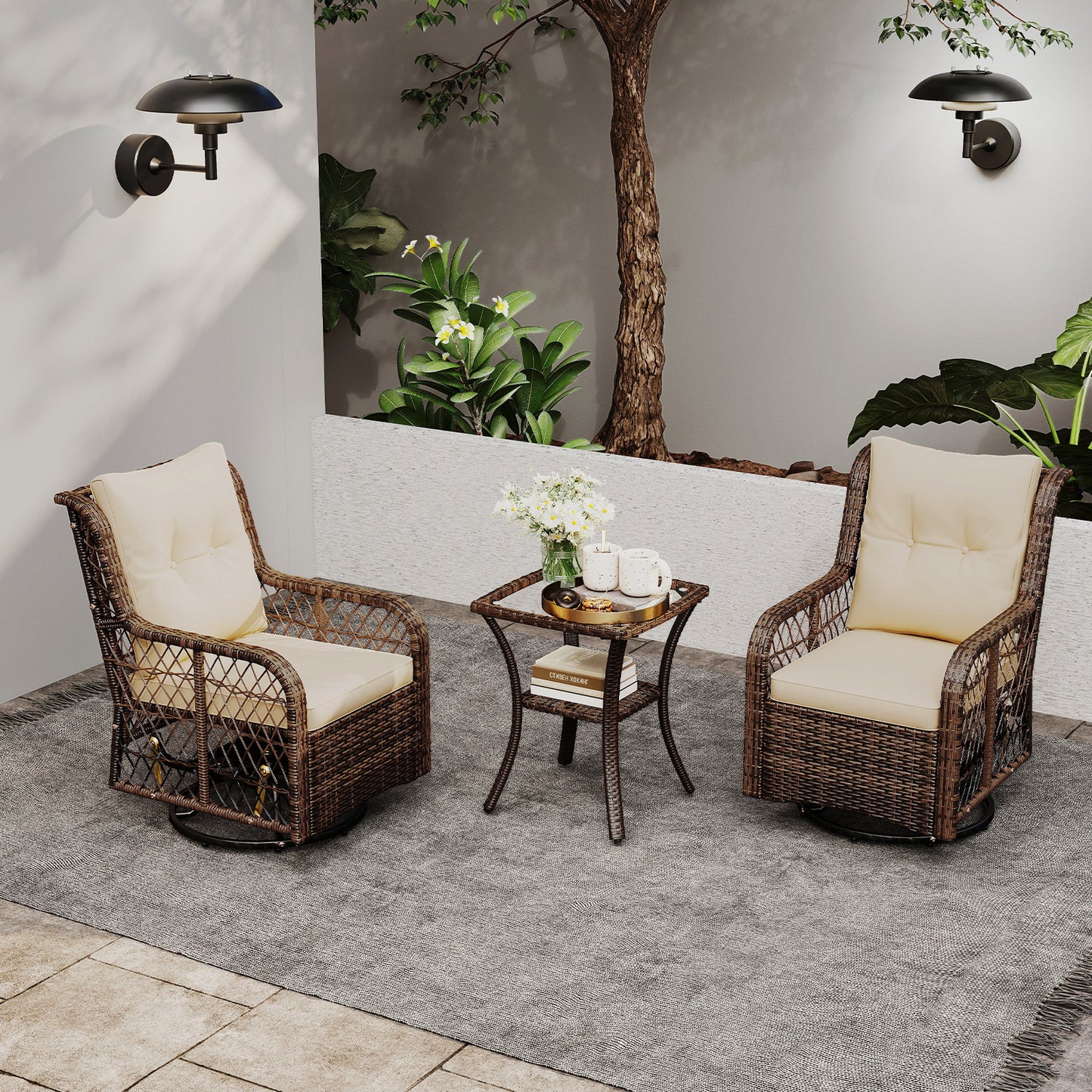 3-Piece Patio Conversation Set with Swivel Glider Chairs