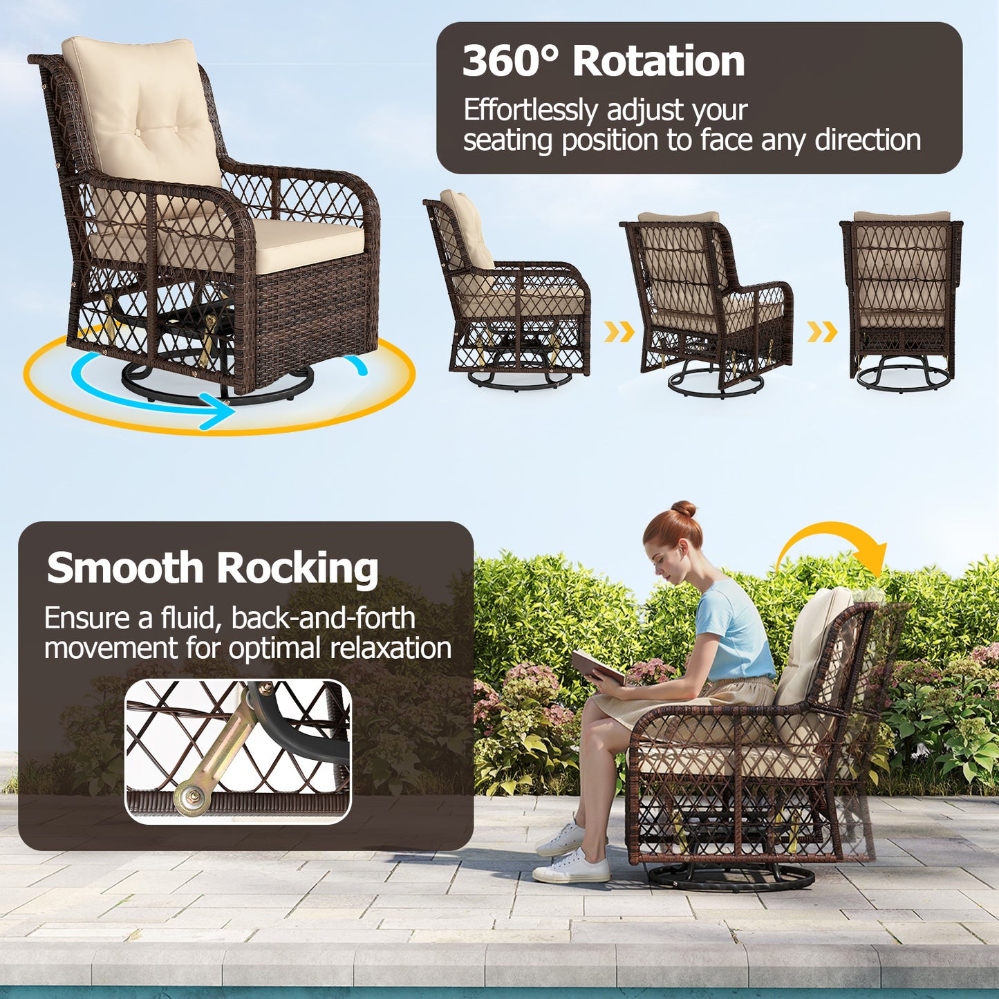 3-Piece Patio Conversation Set with Swivel Glider Chairs