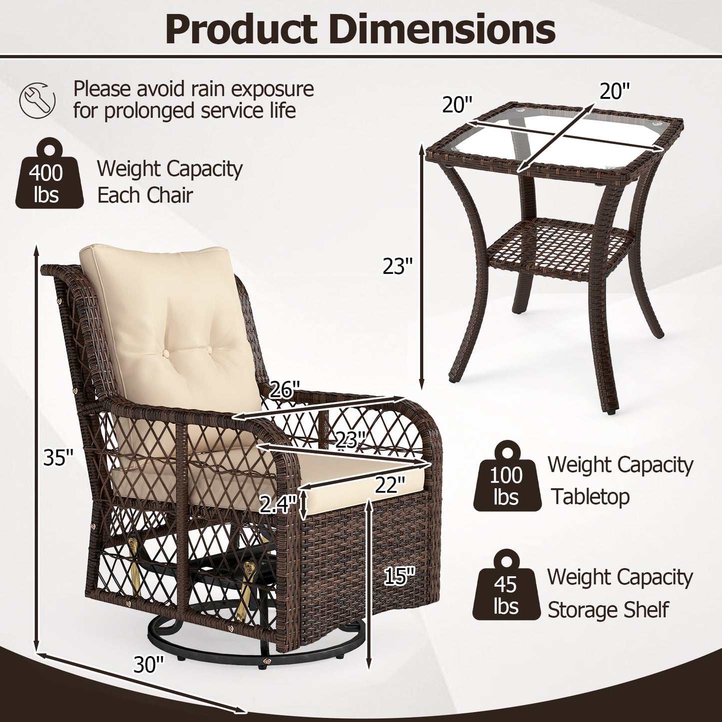 3-Piece Patio Conversation Set with Swivel Glider Chairs