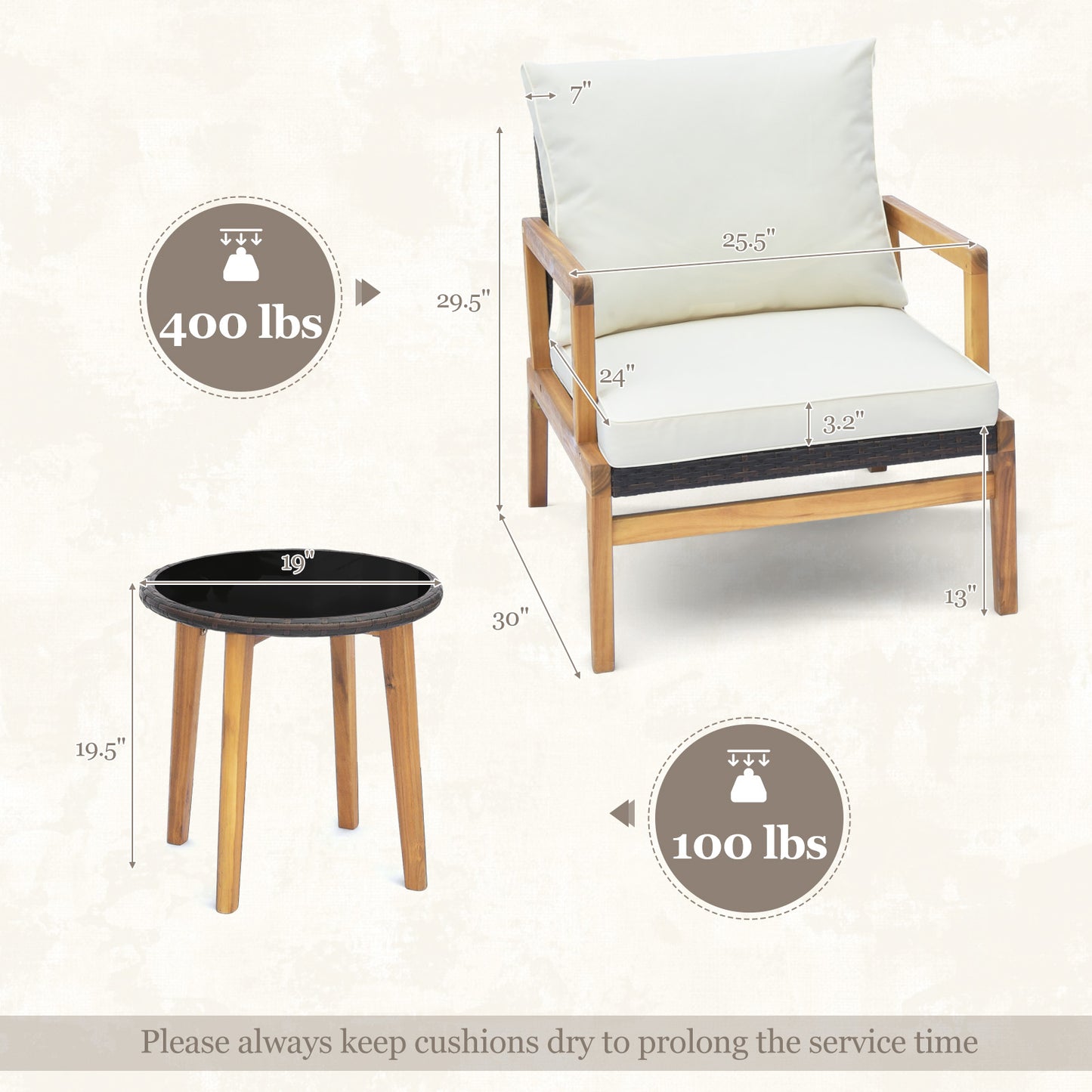 Patio Conversation Set 3-Piece with Cushioned Chairs & Glass Table