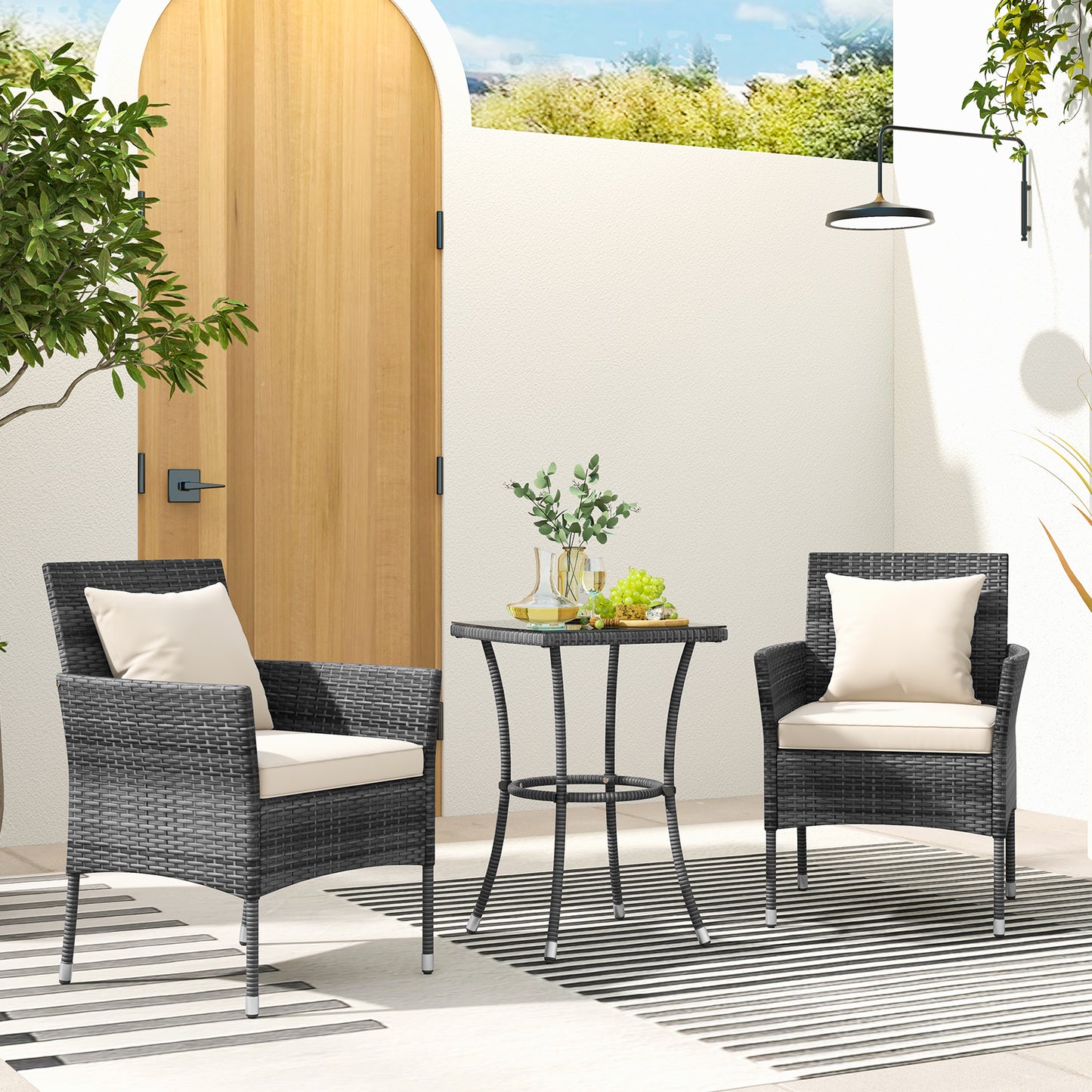 3-Piece Patio Conversation Set with Cushioned Chairs & Glass Table