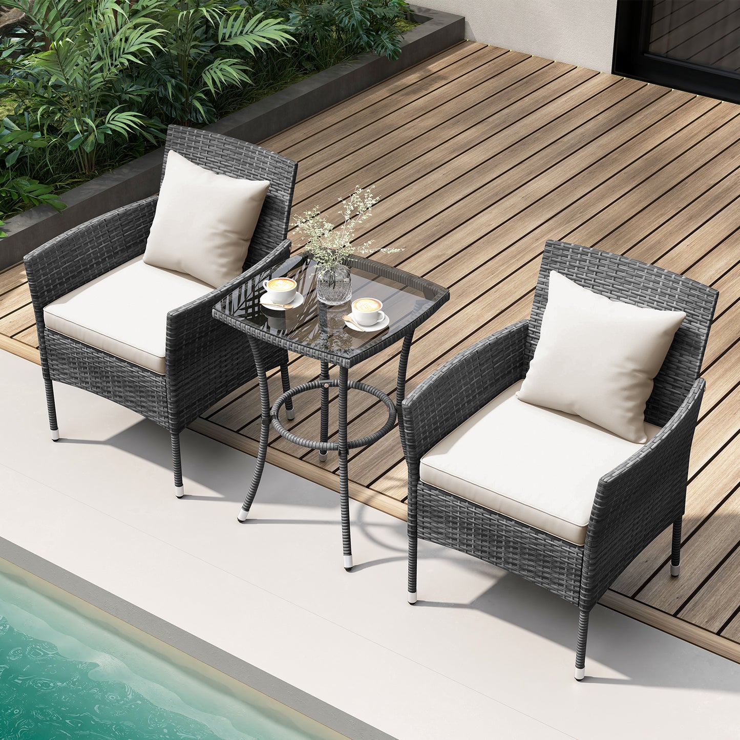 3-Piece Patio Conversation Set with Cushioned Chairs & Glass Table