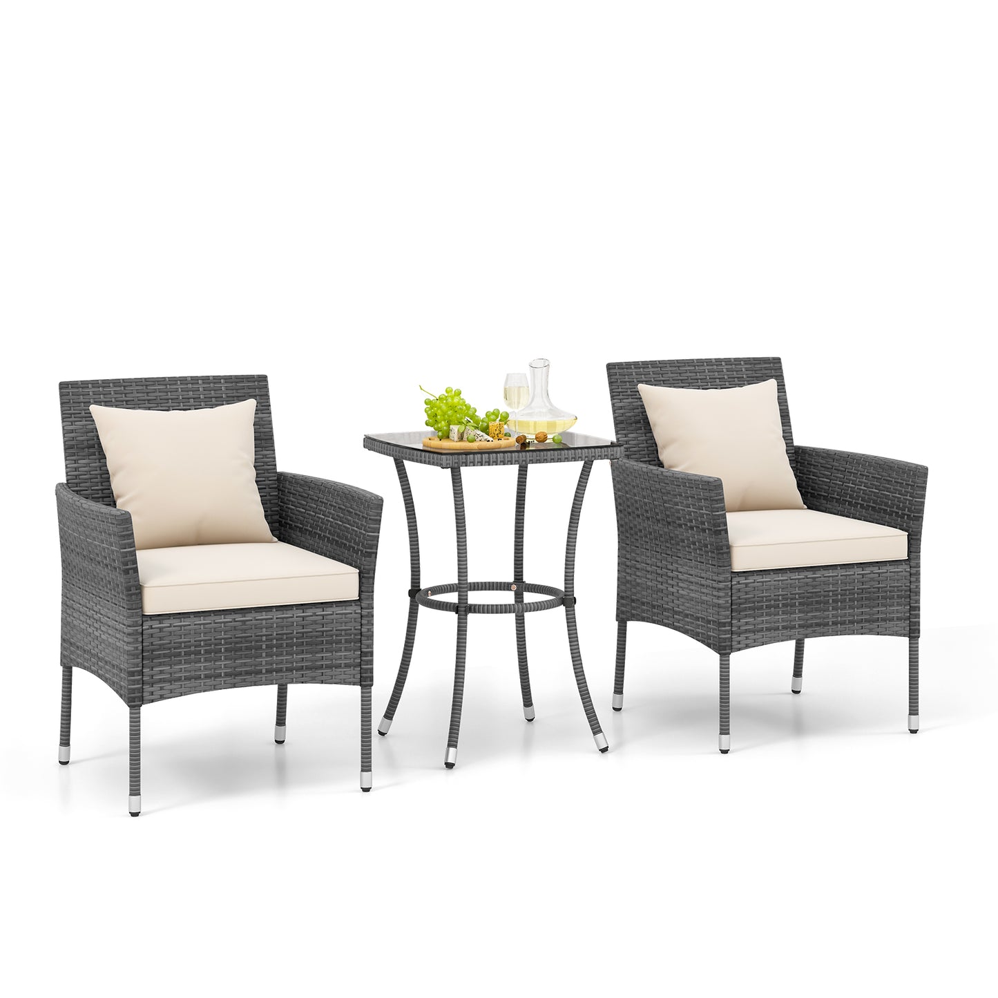 3-Piece Patio Conversation Set with Cushioned Chairs & Glass Table