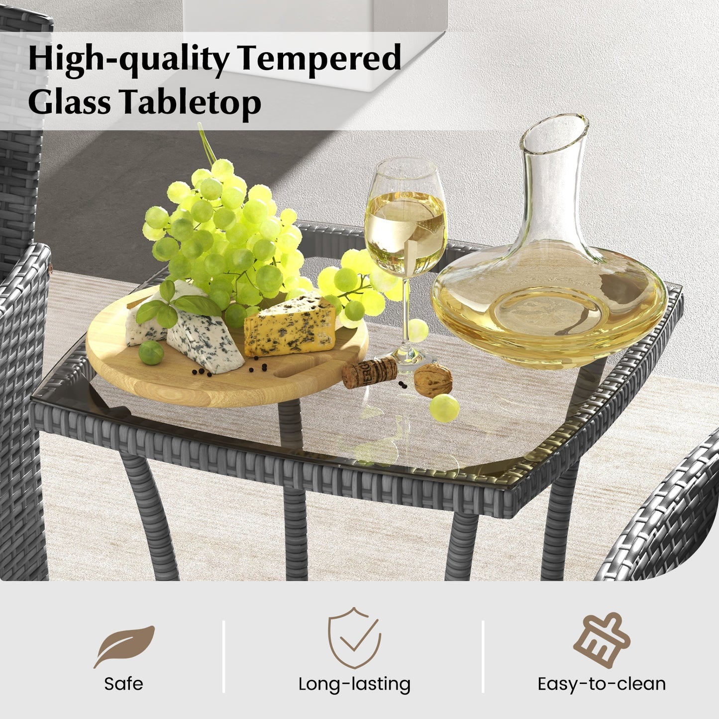 3-Piece Patio Conversation Set with Cushioned Chairs & Glass Table