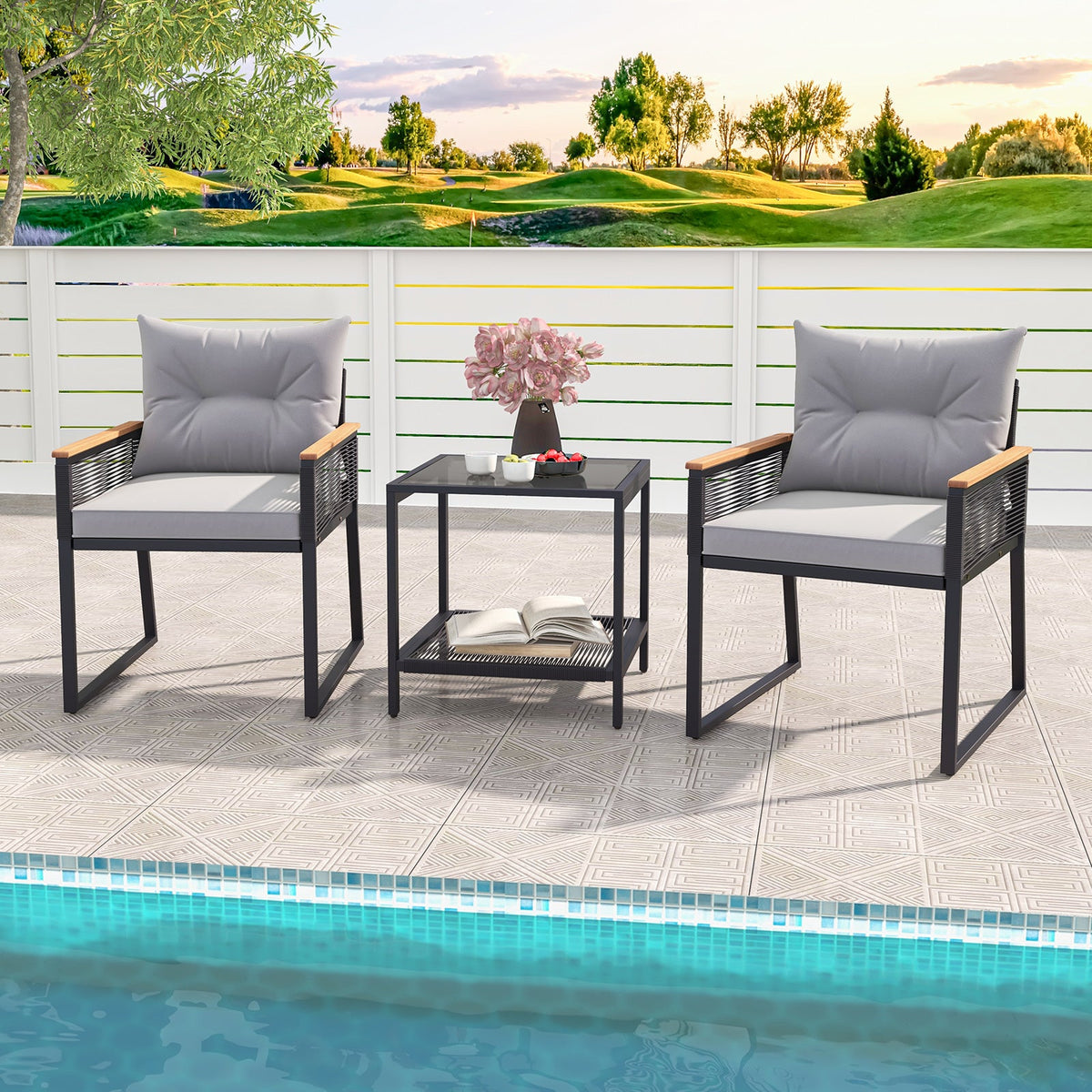 3 Pieces Patio Furniture Set with 2 Tier Coffee Table and Soft Seat Cushions-Gray