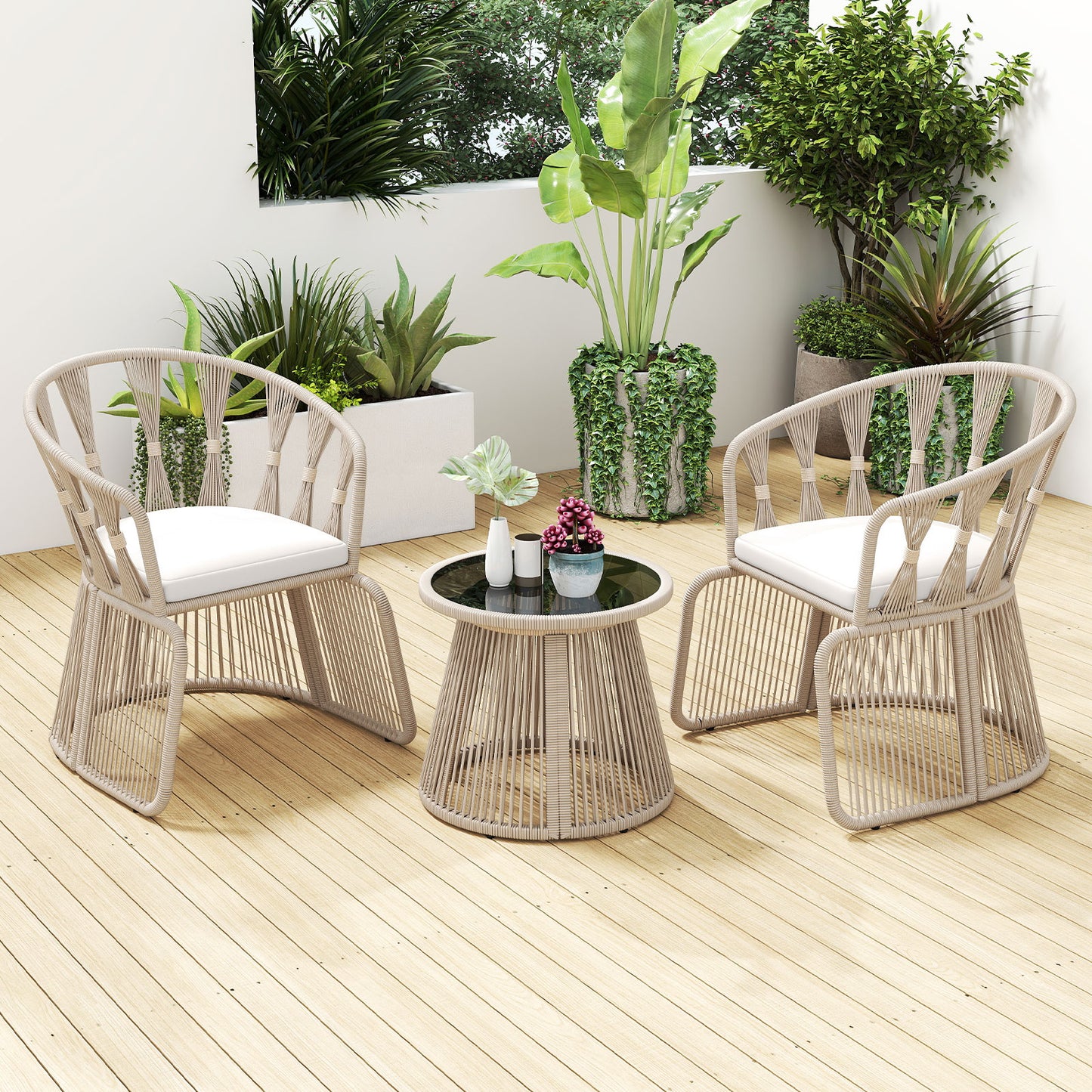3-Piece Patio Conversation Set with Rope-Woven Chairs