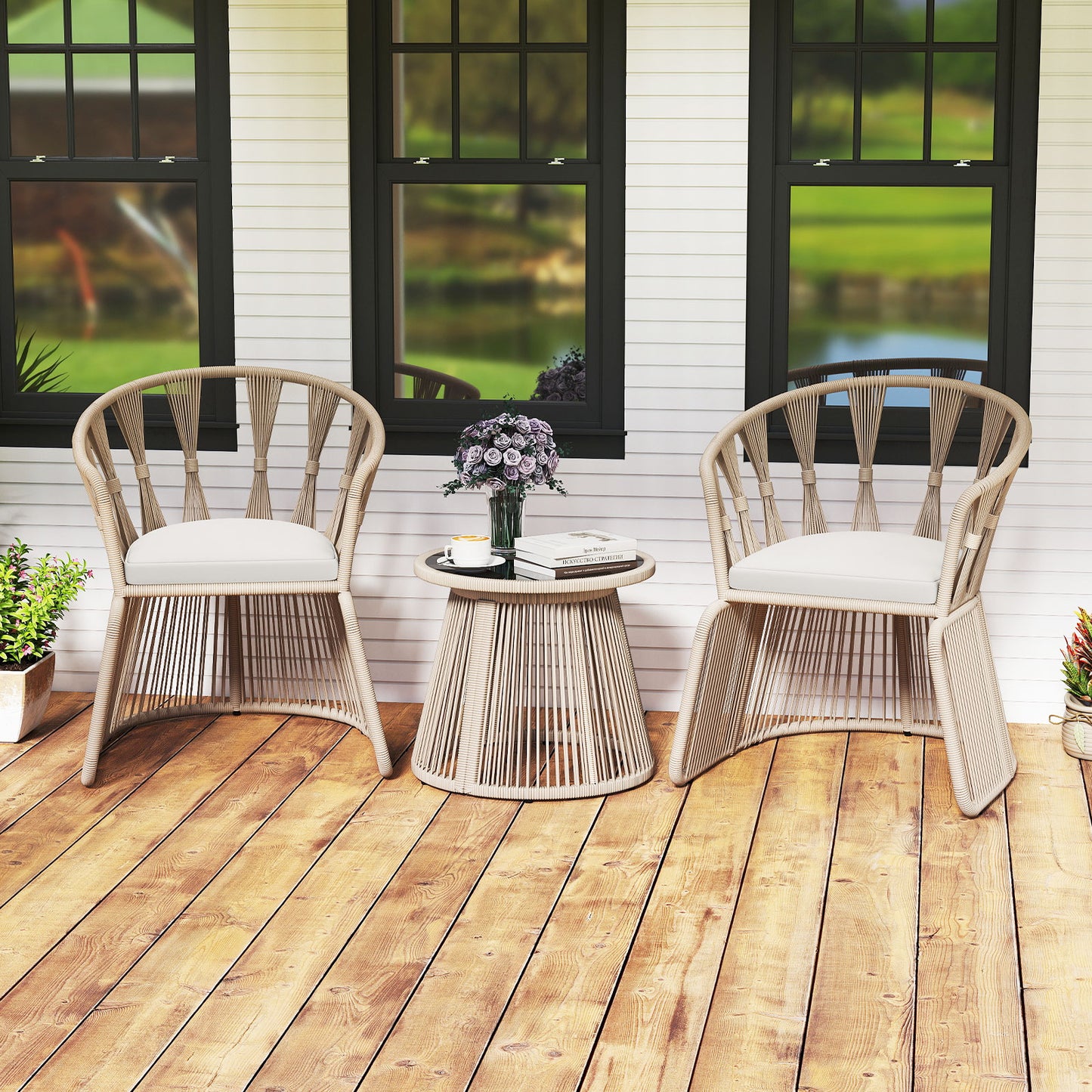 3-Piece Patio Conversation Set with Rope-Woven Chairs