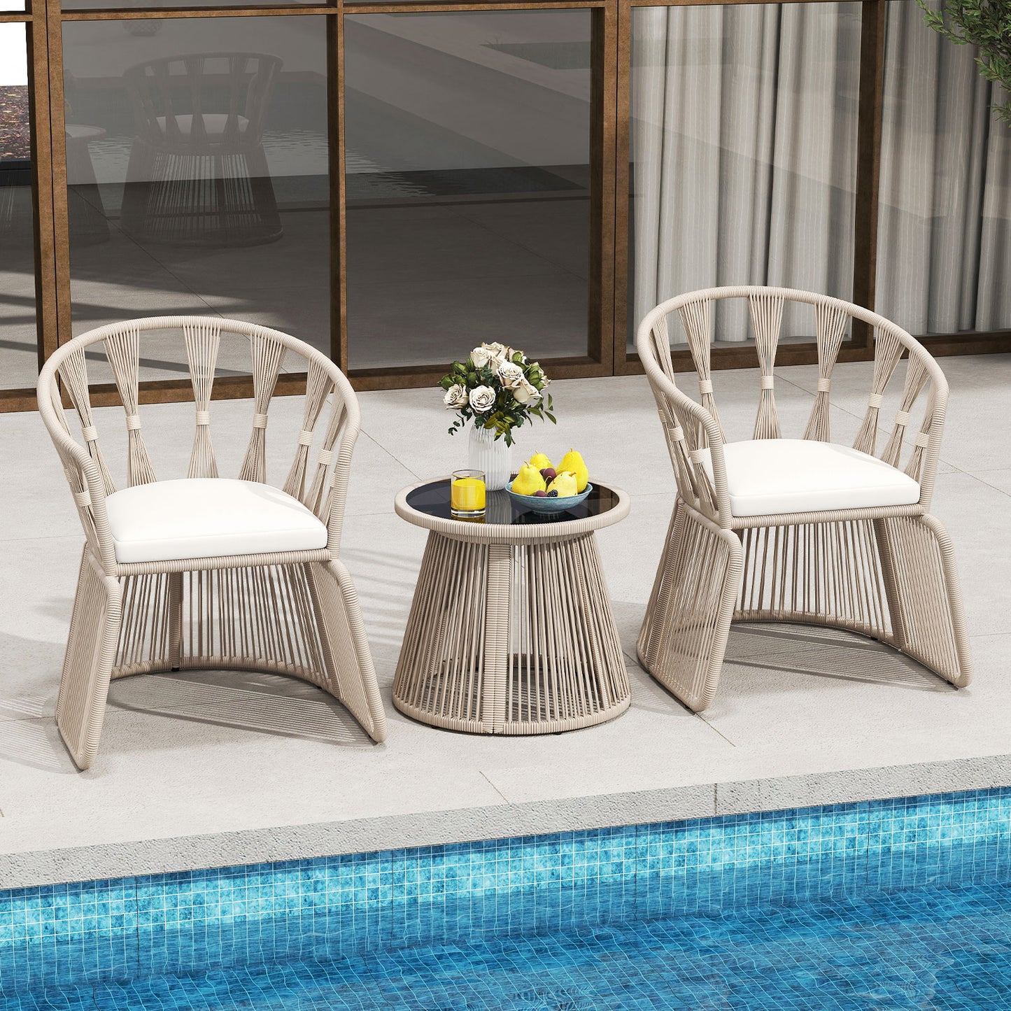 3-Piece Patio Conversation Set with Rope-Woven Chairs