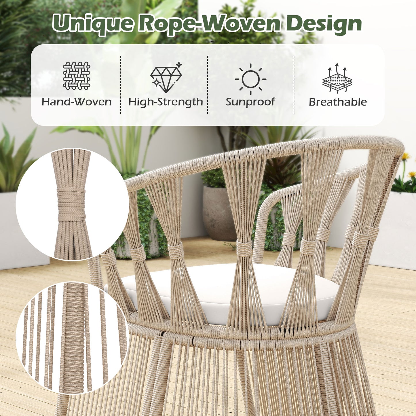 3-Piece Patio Conversation Set with Rope-Woven Chairs