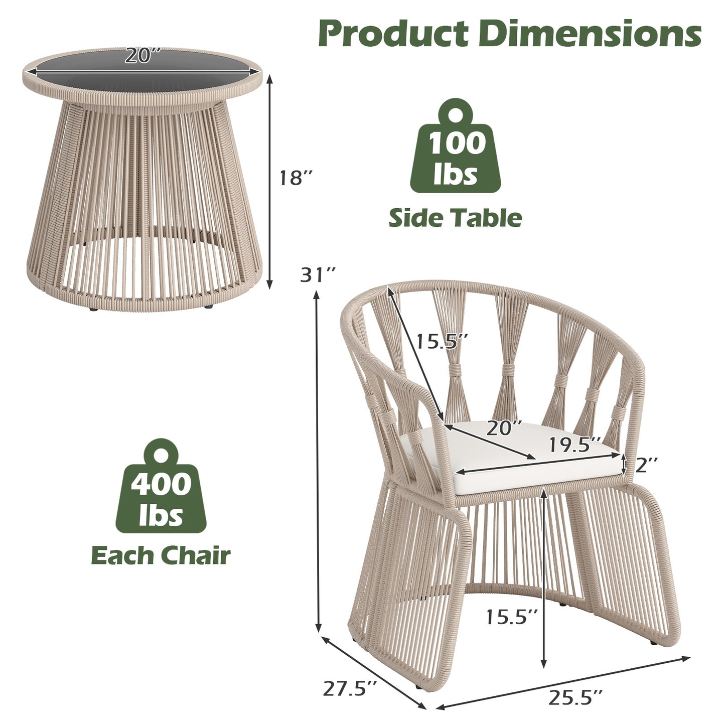 3-Piece Patio Conversation Set with Rope-Woven Chairs