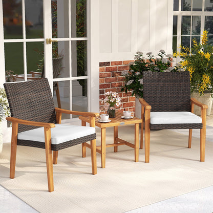3 Pieces Patio PE Wicker Furniture Set Acacia Wood Outdoor Conversation Bistro Set-White
