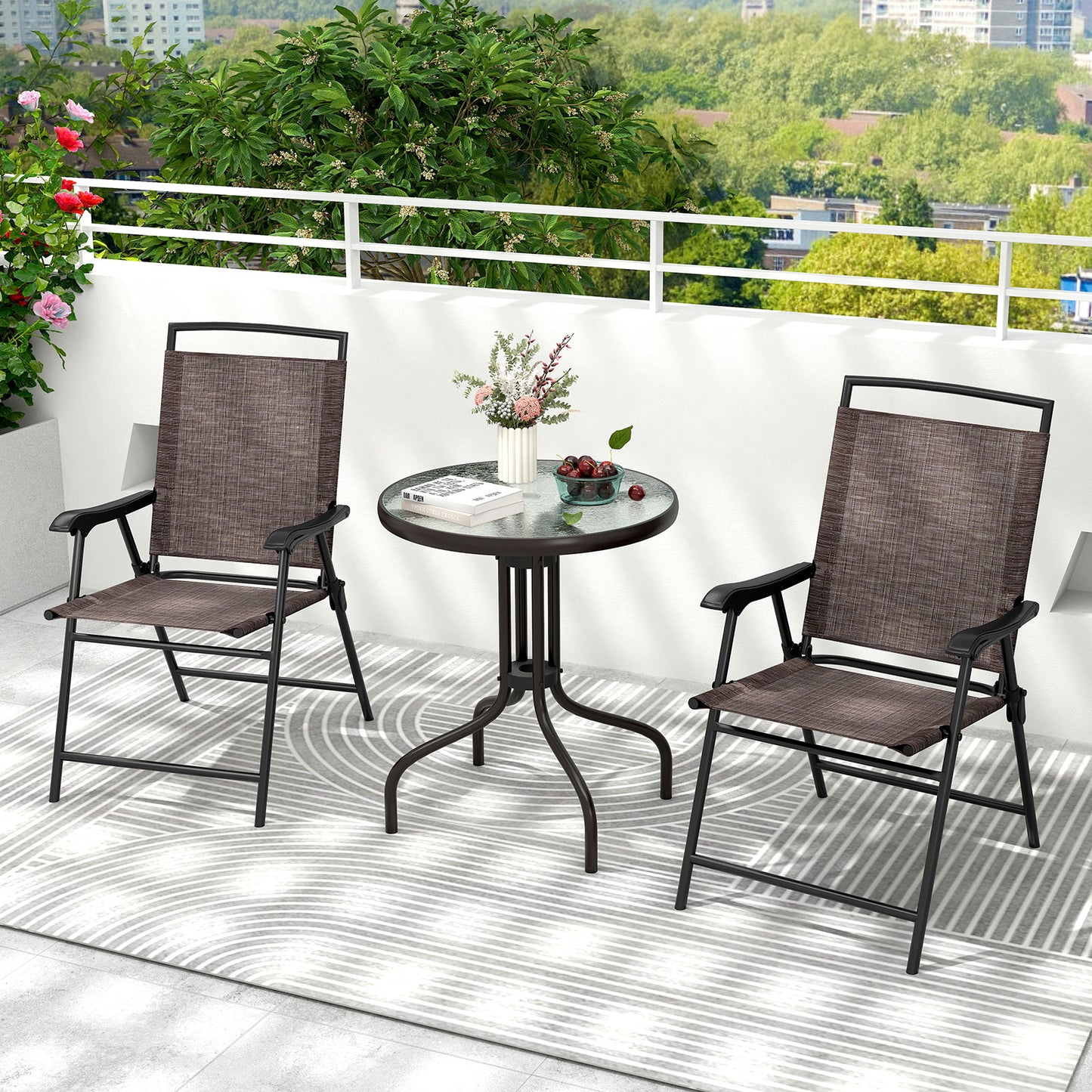 3-Piece Patio Conversation Set with Folding Chairs & Glass Table