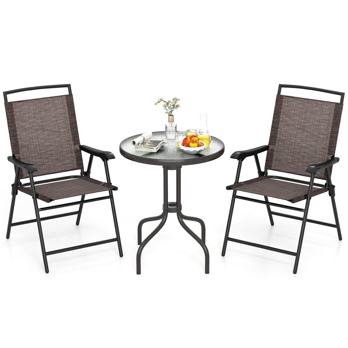 3-Piece Patio Conversation Set with Folding Chairs & Glass Table