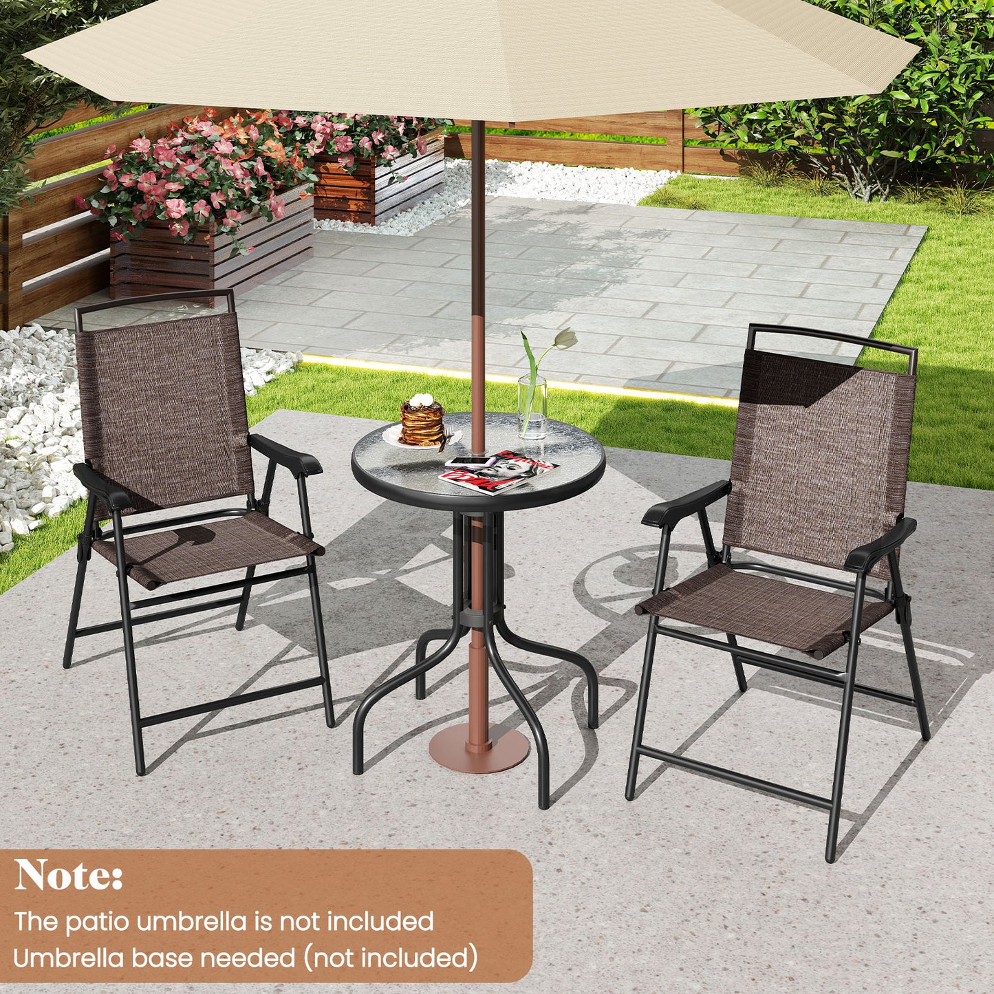 3-Piece Patio Conversation Set with Folding Chairs & Glass Table